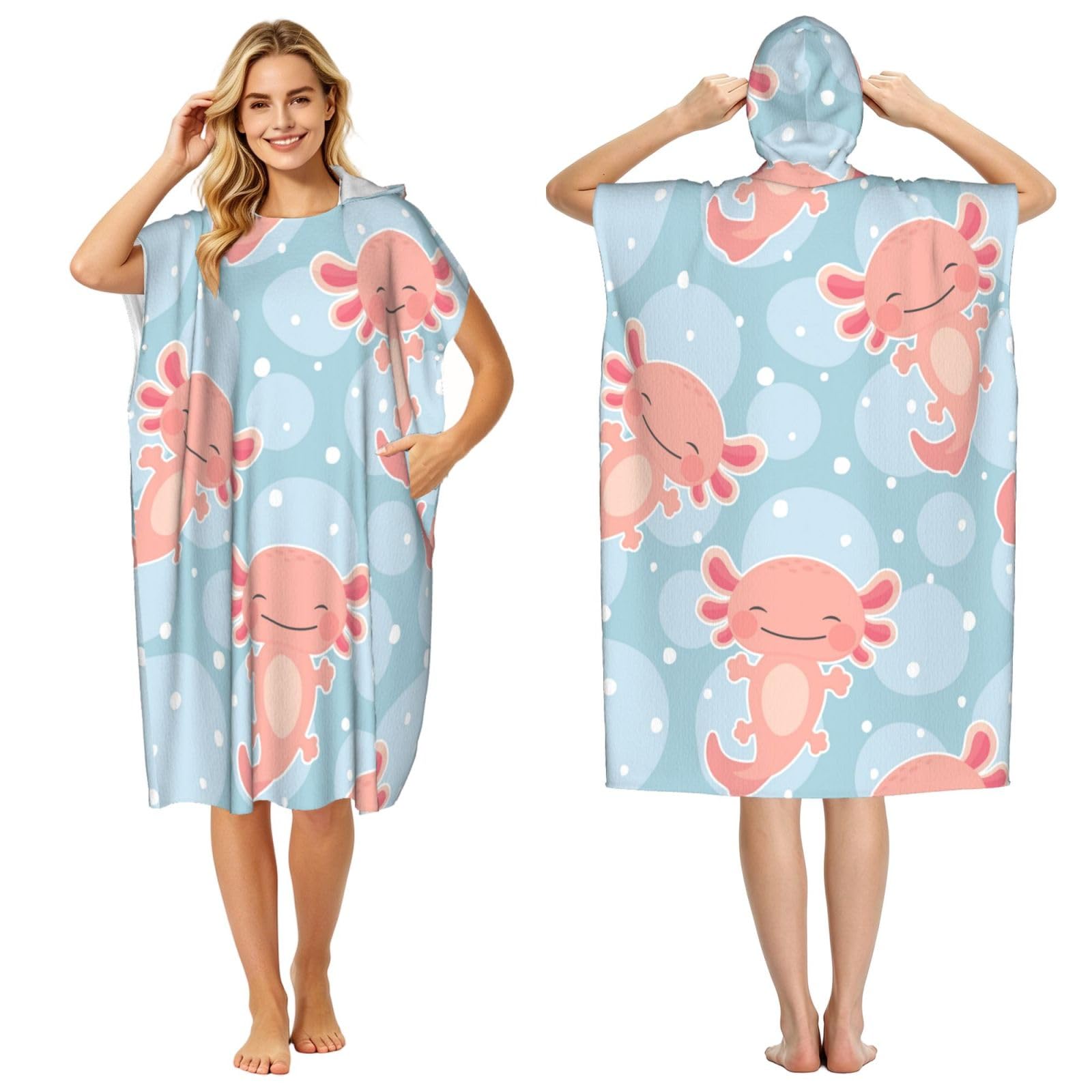 Poadnly Cute Axolotl, Adult Hooded Beach Towel 90 x 110 cm,Changing Bath Robe, Surf Poncho Towel For Women Men