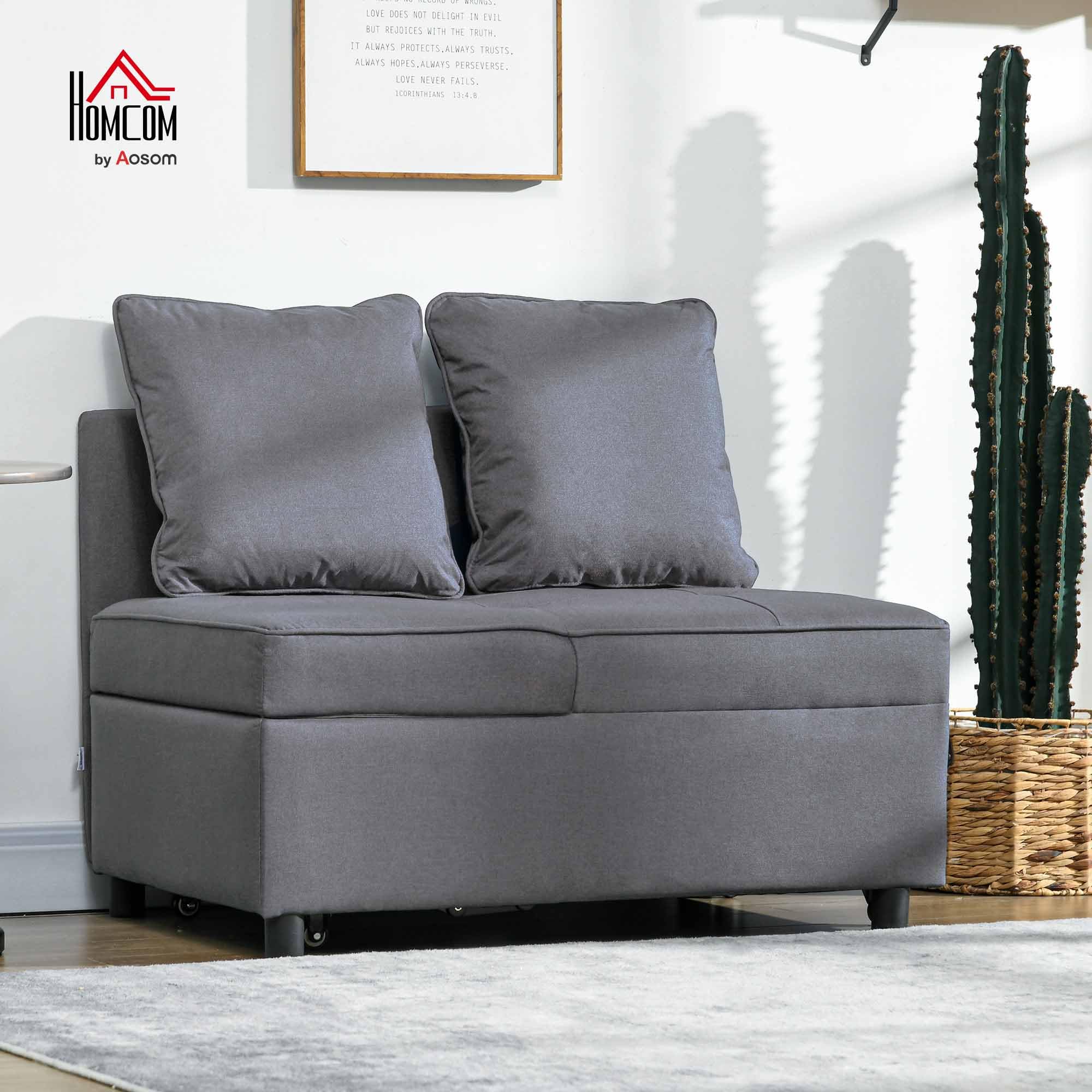 HOMCOM 3 in 1 Poltrona Letto Imbottita Reclinabile 98x71x67 cm Grigio Scuro | Schienale in 5 Posizioni, Cuscini, Divano Letto Una Piazza e Mezza, Tessuto Effetto Lino e Legno, per Soggiorno