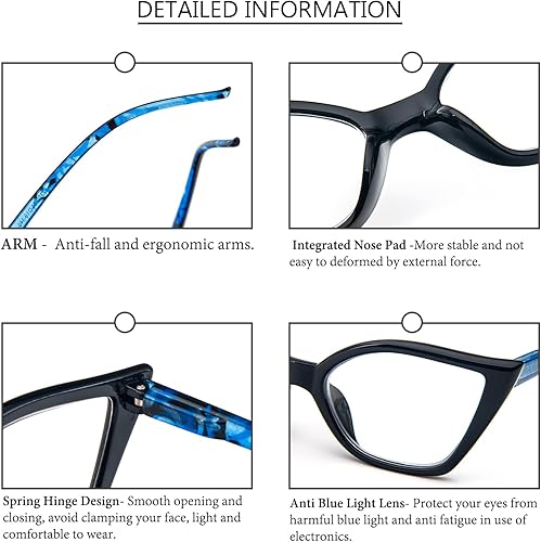 Miniatura 5 de DXYXYO Gafas de lectura de ojo de gato para mujer, paquete de 3 unidades, anti luz azul, para lectura de computadora, estilo retro con bisagra de