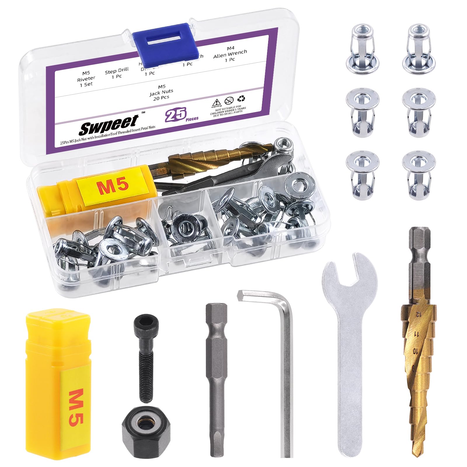 Swpeet 25 tuercas M5 Jack y tuercas de remache de mano M5, mandril con herramienta de instalación, kit surtido, tuercas de flores, tuercas de jacknut, tornillos Phillips Insert Bit hexagonal vástago