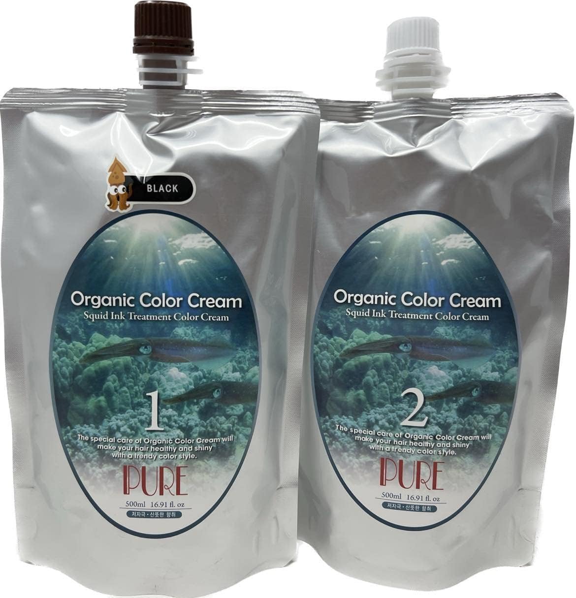 Organic Squid Ink Treatment Color Cream 1st 500ml + 2nd 500ml for Gray Hair Cover, No Scalp Pain with Fast Result (Black, 500 ML)