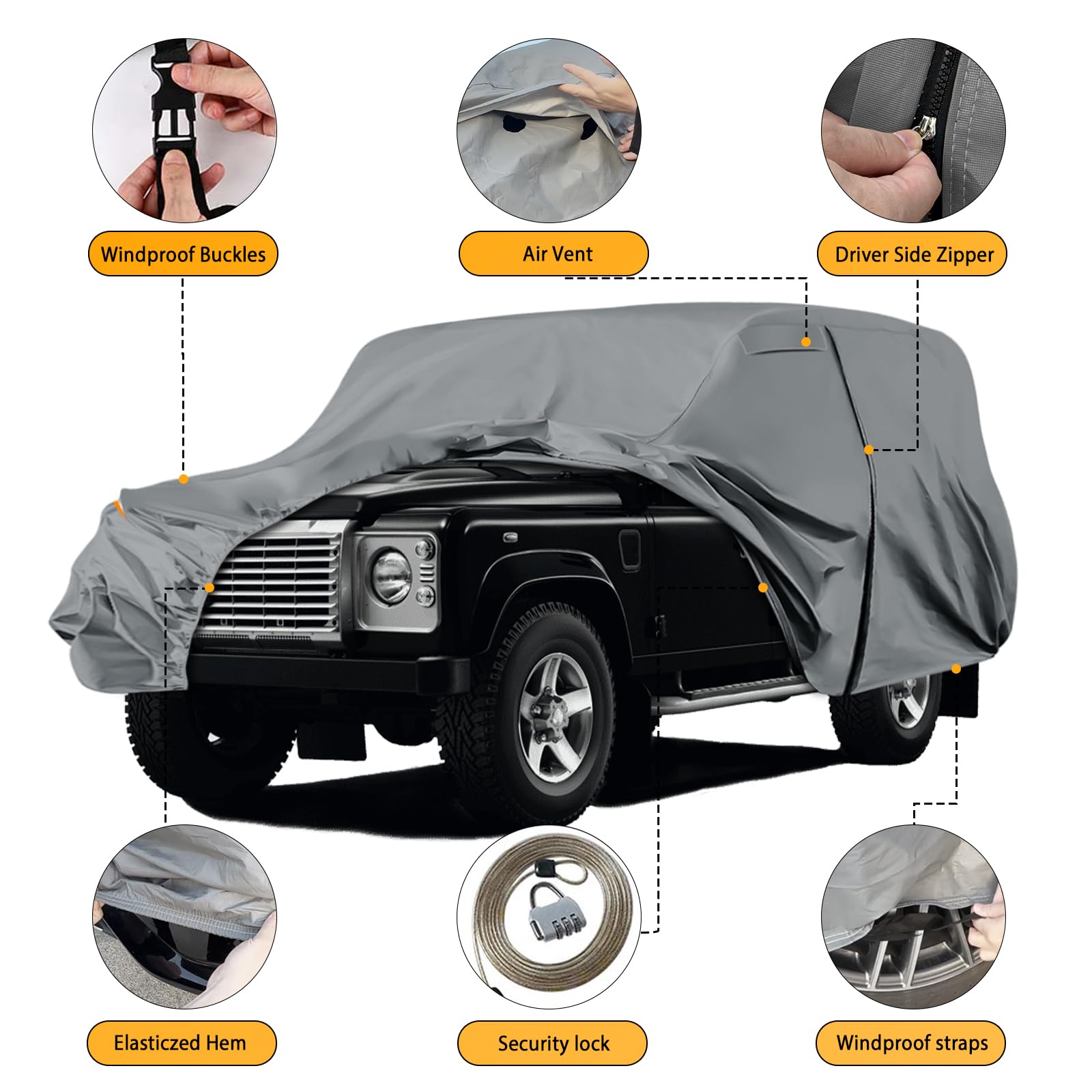 Autoabdeckung Wasserdicht für Land Rover Defender 110 1990-2016 | Grau Vollgarage Autoplane Auto Abdeckplane Winter Sommer Allwetter Outdoor Abdeckung mit Reißverschluss Tür, Windschutzbänder