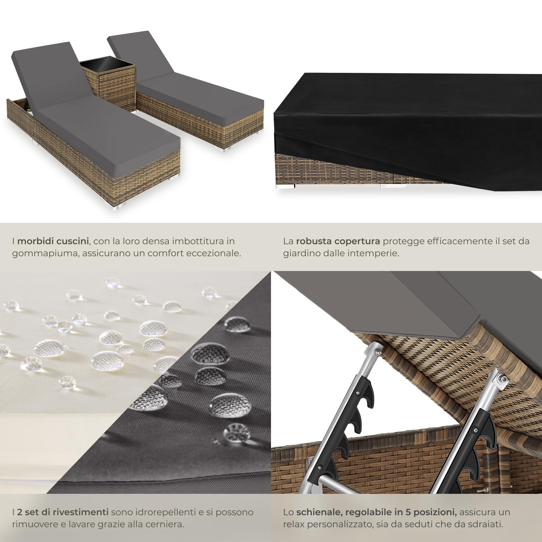Set 2 x Lettino Alluminio Poly Rattan da Giardino con Tavolo e Sedia - Naturale