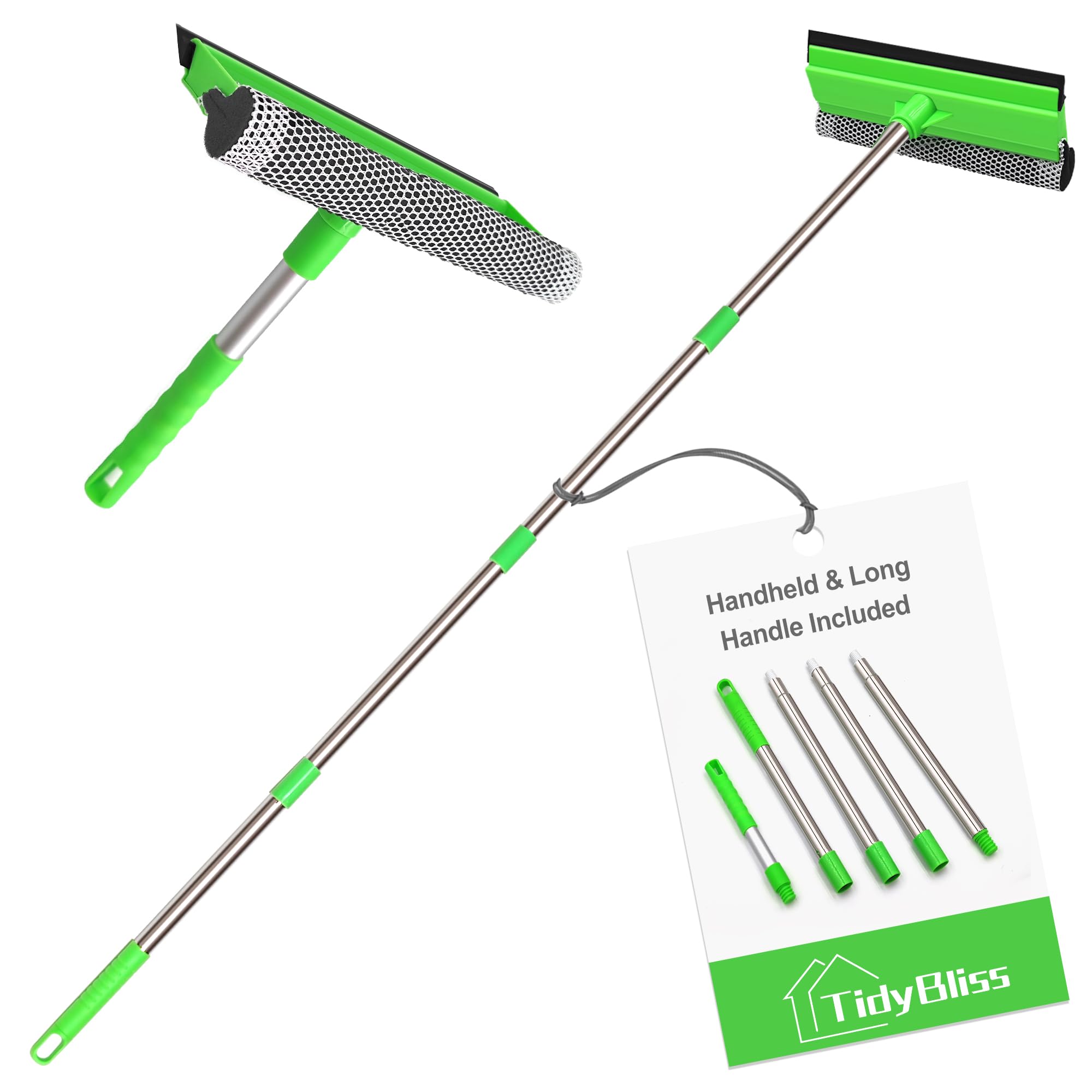 TidyBliss Fensterputzer mit Schwamm und Rakel, 143 cm Langem Stiel Fensterreiniger Set Fensterwischer für Spiegel Duschtür Glaswand Auto Windschutzscheibe Haus Küche (Grün)