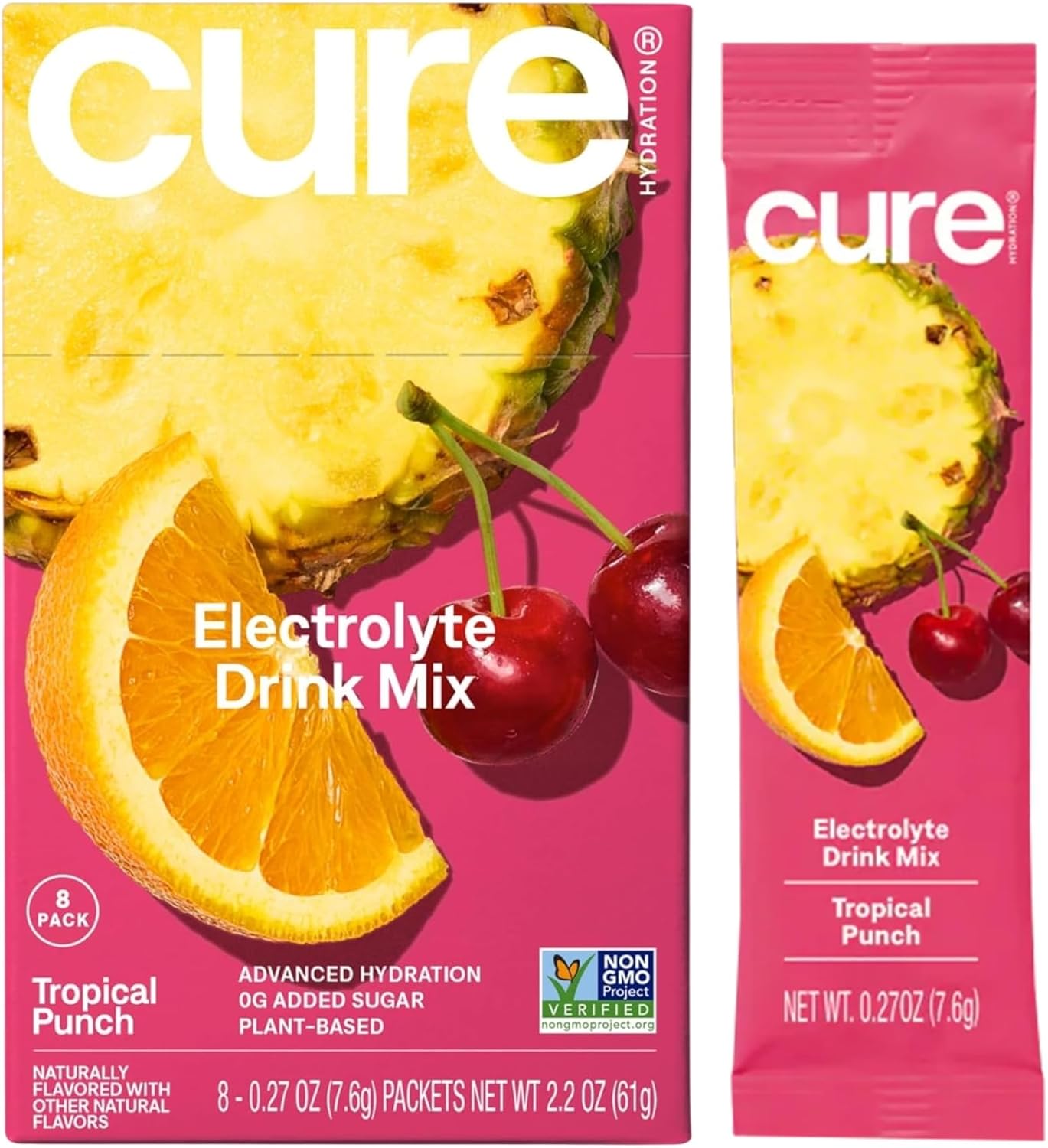 Product image of Cure Hydration | Plant-Based Electrolyte Drink Mix | No Added Sugar | Dehydration Relief Powder Made with Coconut Water | Non-GMO | Vegan | Box of 8 Packets - Tropical Punch