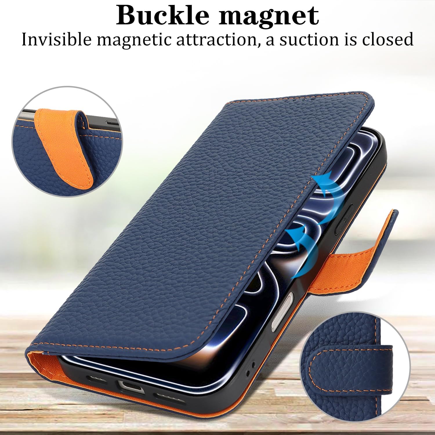 Zouzt Case for iPhone 17 Pro Genuine Leather Wallet Case with 4 Card Slot, RFID Blocking Card Holder Magnetic Flip Folio Kickstand Shockproof Phone Cover Women Men - Blue & Orange