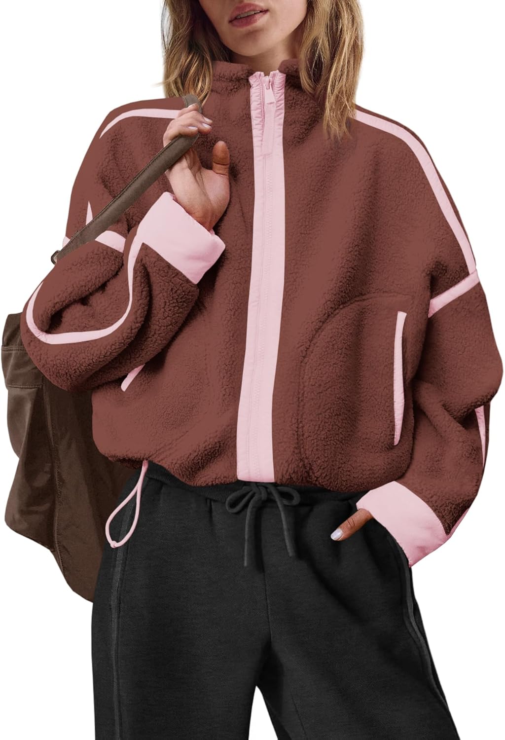 ReachMe Womens Fleece Jacket Zip Up Sherpa Jackets Striped Sweatshirt 2025 Winter Coats Warm Fuzzy Pullover - Image 3