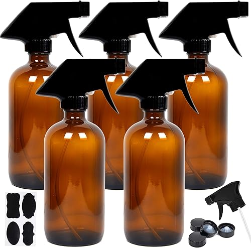 Youngever Paquete de 5 botellas vacías de vidrio ámbar, recipiente recargable de 8 onzas para aceites esenciales, productos de limpieza o