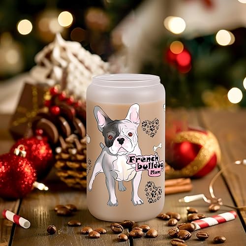 Miniatura 3 de GSPY Regalos para mamá de perro, tazas de vidrio con temática de perro con tapas y pajitas, regalos de bulldog francés, regalos para perdigueros,