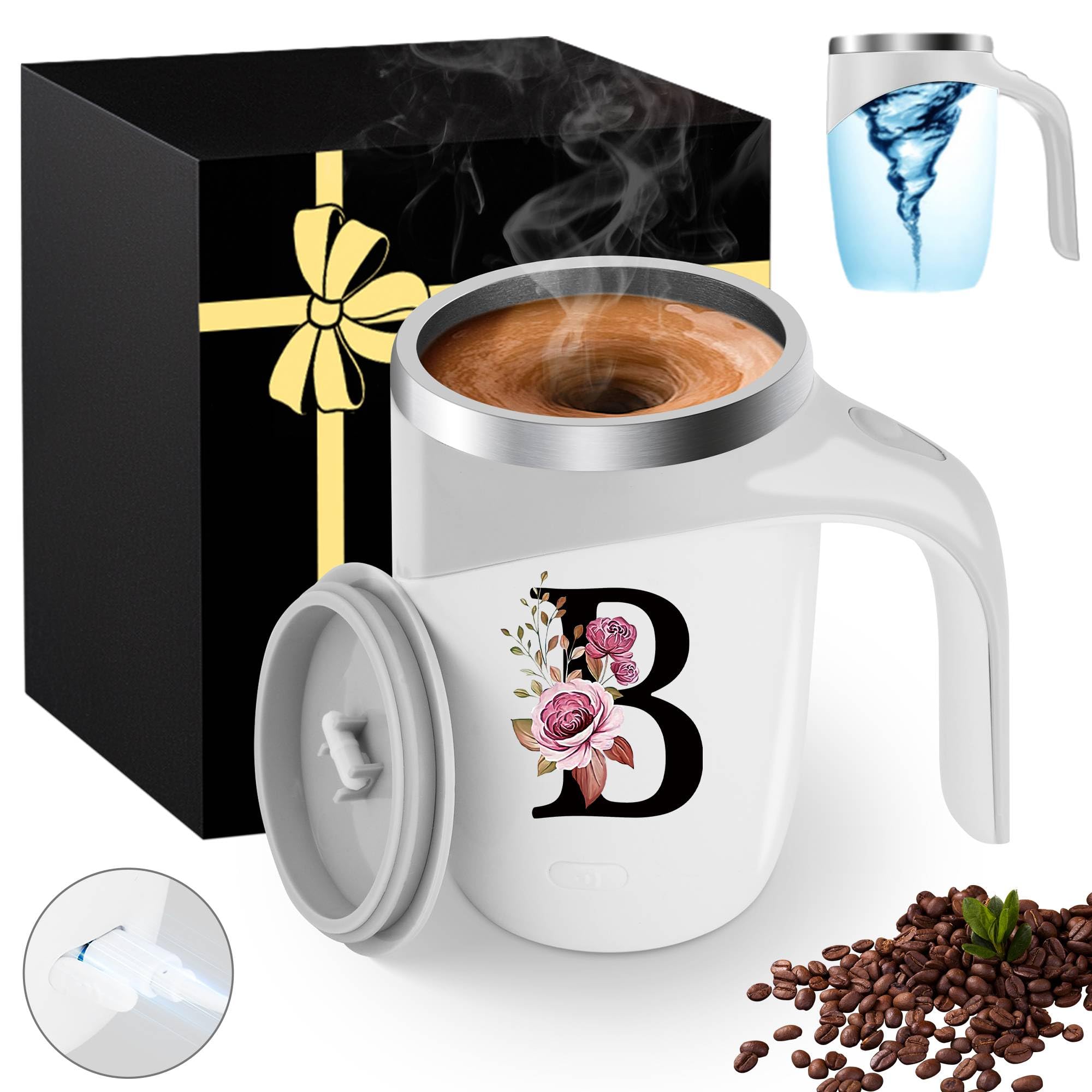 Personalized Initial Magnetic Stirring Coffee Mug Stainless Insulated Cup Women Wife Girl Birthday Wedding Anniversary Her Gift Over 16 18 19 20 21 25 30 40 50 55 60 65 70 Year Old Meaningful Gifts,B