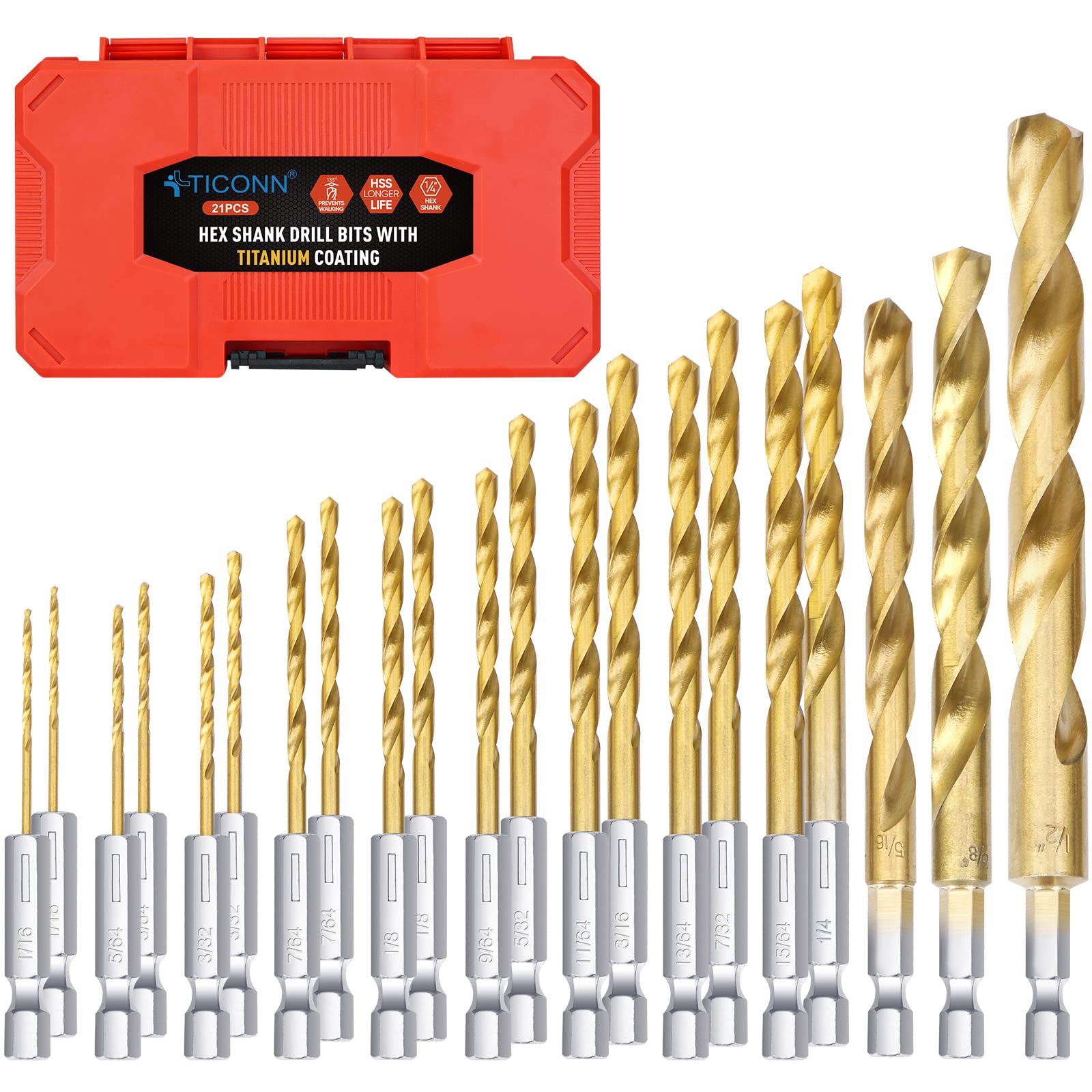 TICONN 21 PCS Titanium Coated Drill Bit Set with Hex Shank, 135 Degree Tip High Speed Steel Drill Bits Kit with Storage Case for Steel, Aluminum, Copper, Soft Alloy Steel Size from 1/16" to 1/2"