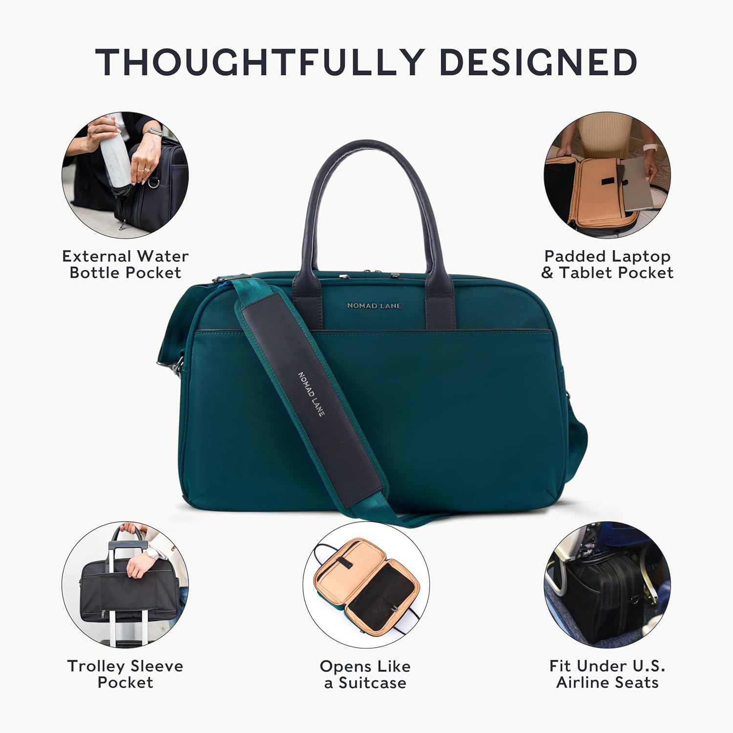 Nomad Lane Carry-On Luggage Duffel Bag, Durable & Lightweight Suitcase. Bento Bag, Personal Item Weekender Travel Bag for Men & Women, Pine Green - Image 2