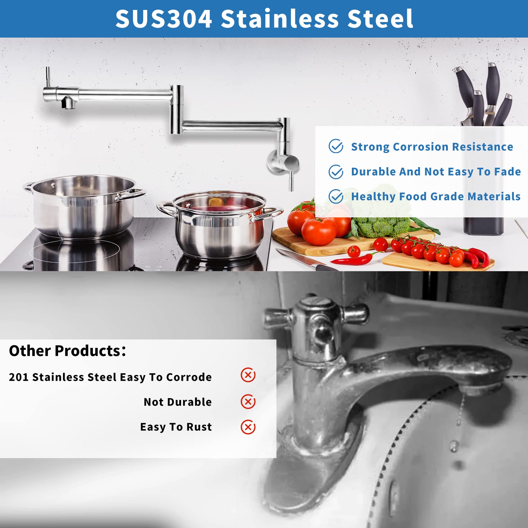 Cambividas Pot Filler Faucet Modern Kitchen Sink Faucets Wall Mount Pot Filler Faucets Stainless Steel Folding Stretchable Kitchen Kettle Faucet with Double Joint Swing Arms (Brushed Nickel)