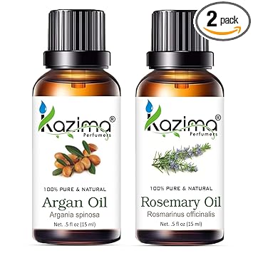 KAZIMA Combo of Moroccan Argan Carrier Oil and Rosemary Essential Oil for Hair Growth, Acne, Moisturizes Skin, 15 ml each