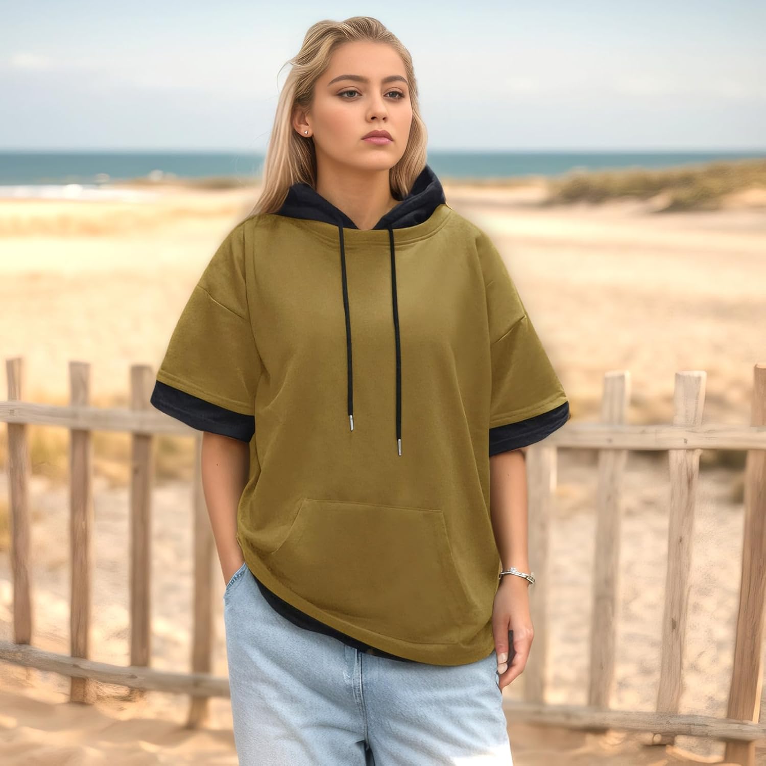 Mens Short Sleeve Hoodie Soft Cotton Color Block Moisture Wicking Big Pocket Streetwear Short Sleeve Sweatshirt - Image 3