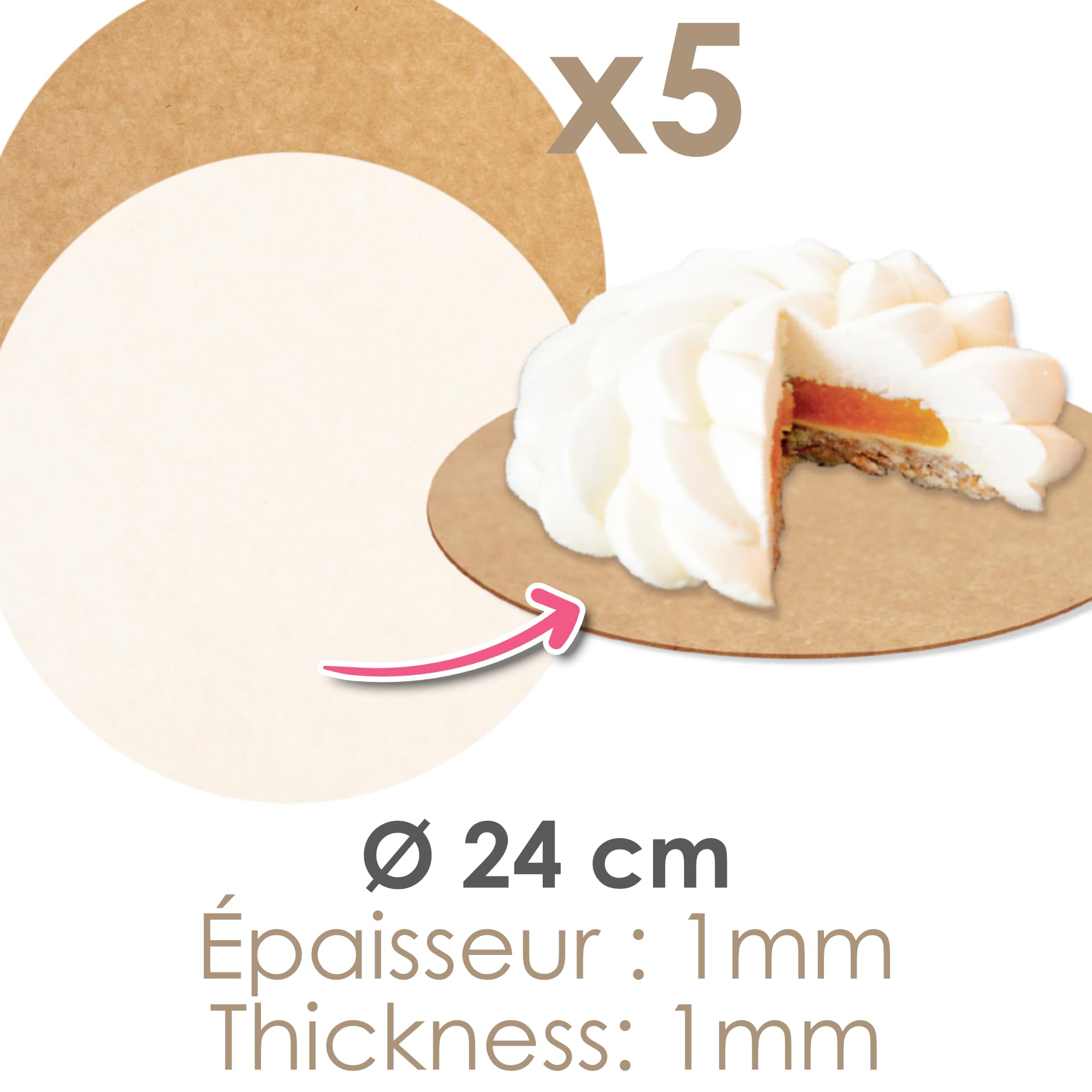 SCRAP COOKING 5 okrągłych stojaków na torty Ø 24 cm - Dwustronny karton Kraft & Biały - Wkładki do ciast - Tarcza do ciast - Wyprodukowano we Francji - 5222