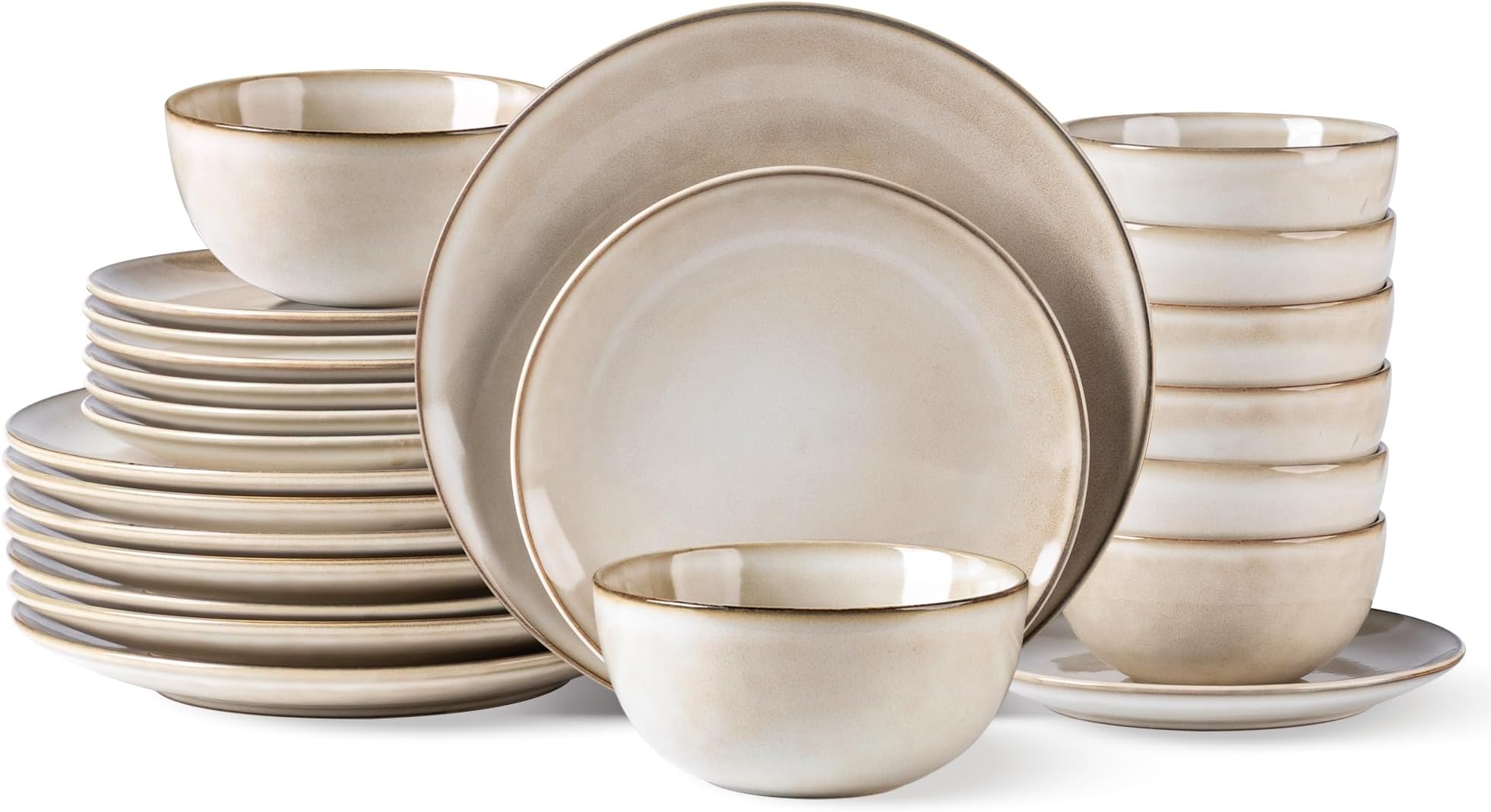 AmorArcStoneware Dinnerware Sets for 8, 24 Pieces Handpainted Ceramic Plates and Bowls Set, Scratch Resistant Dishes Set, Dishwasher & Microwave Safe, Cappuccino