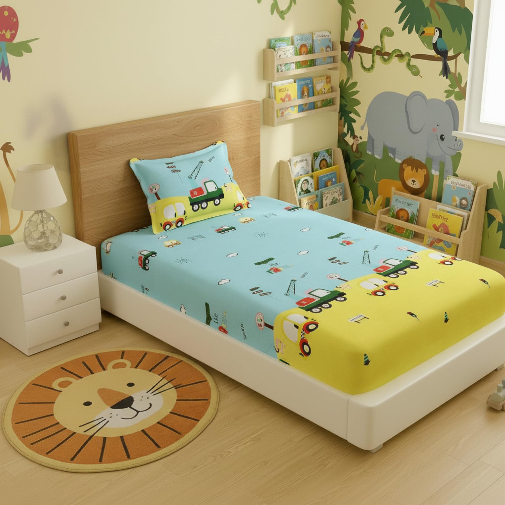 Filymore Car Single Bed Sheet for Cute car Toys bedsheet for Boys Room Cartoon bedsheet for Kids 240 TC Made with Microfiber (Size 90x60 Inch)(Colour-Lemon and Sky Blue)-image-47