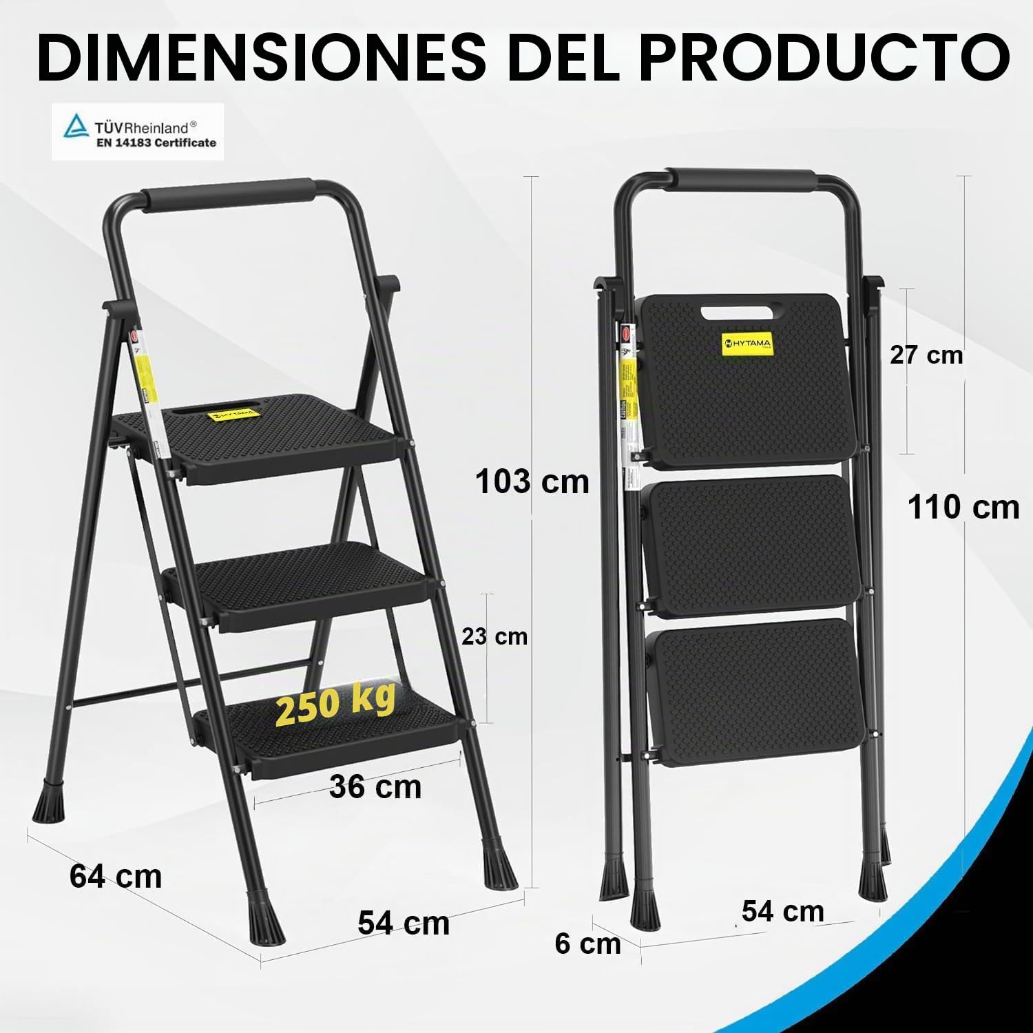 HYTAMA TOOLS Escalera Plegable 3 Peldaños, Estructura de Acero con Pies Antideslizantes, Capacidad de Carga Probada hasta 250kg, Negra