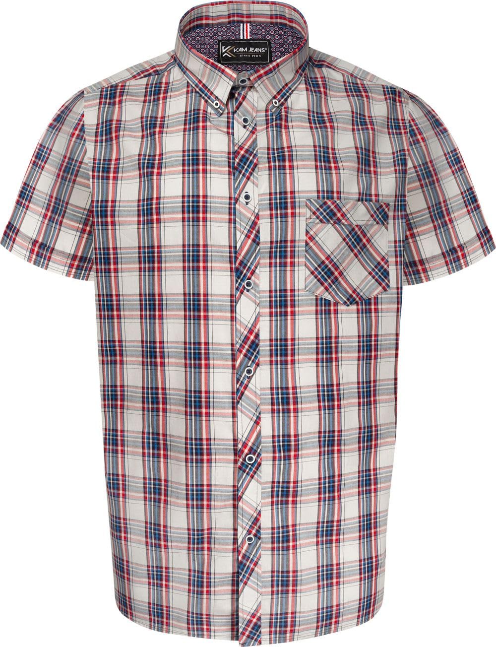 Kam Men's White Check Shirt Short Sleeve Casual Cotton Button Down Plus Size 2-8Xl 6337 (Uk, Alpha, 8XL, Plus, Regular, )