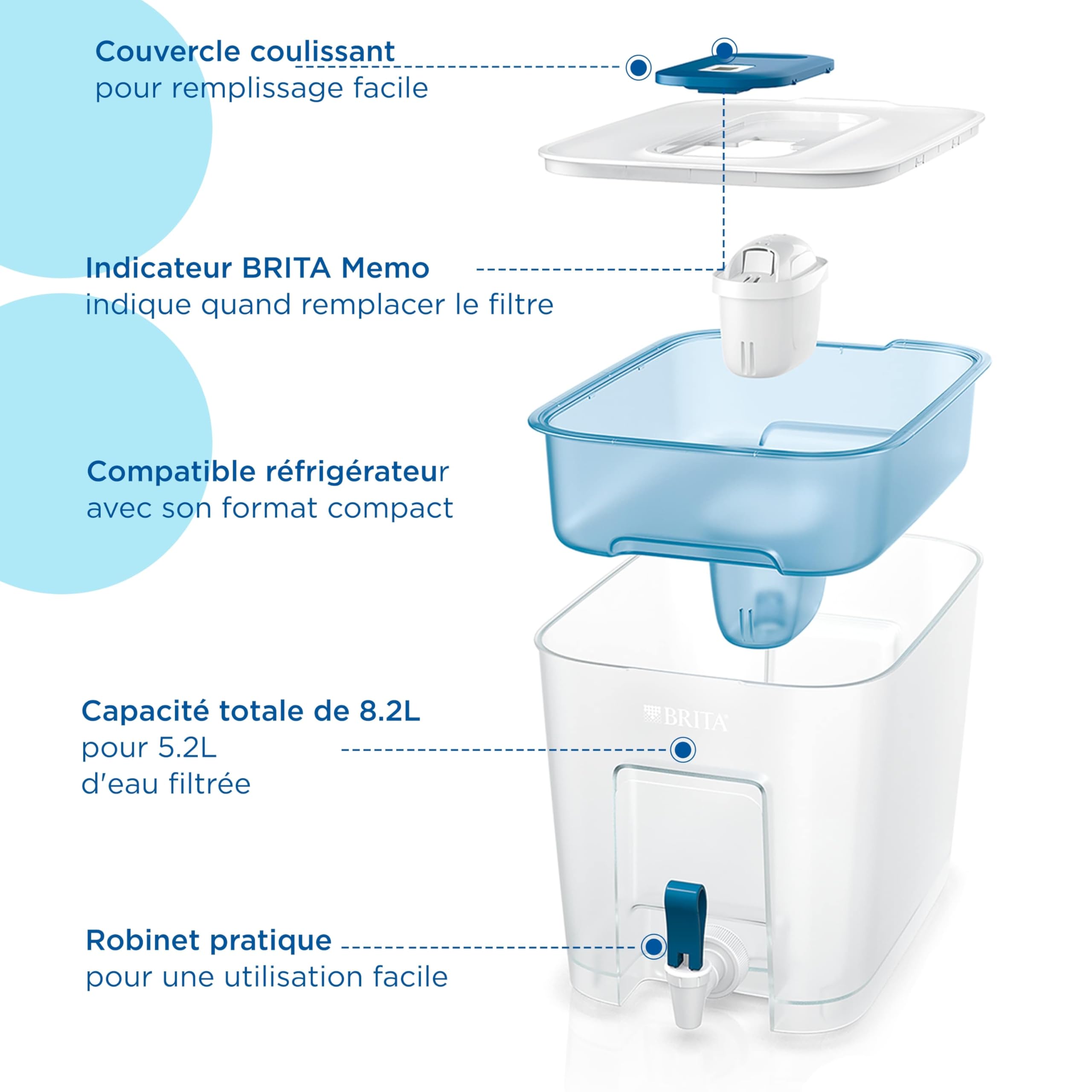 BRITA Flow système de filtration d’eau Cool blue (8,2 L) avec 1 filtre MAXTRA PRO All-in-1 – réduit les PFAS, le chlore et le tartre – distributeur d’eau au format XXL, compatible réfrigérateur – emba