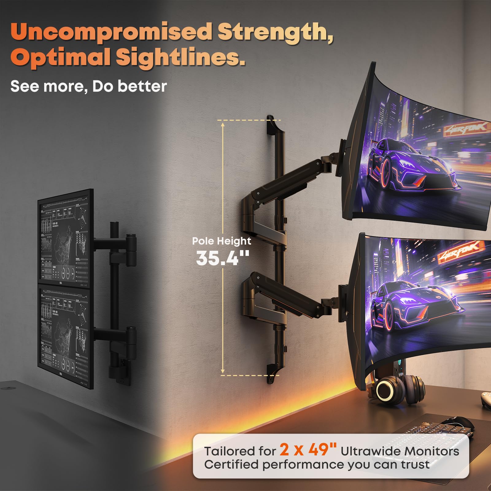 Dual Monitor Wall Mount für 17-49" Ultrawide-Bildschirme, Voll Verstellbarer Gasfeder-Monitorarm,hält bis zu 20 kg pro Arm, VESA 75/100mm, Platzsparende Schreibtischlösung für Büro & Zuhause, Schwarz