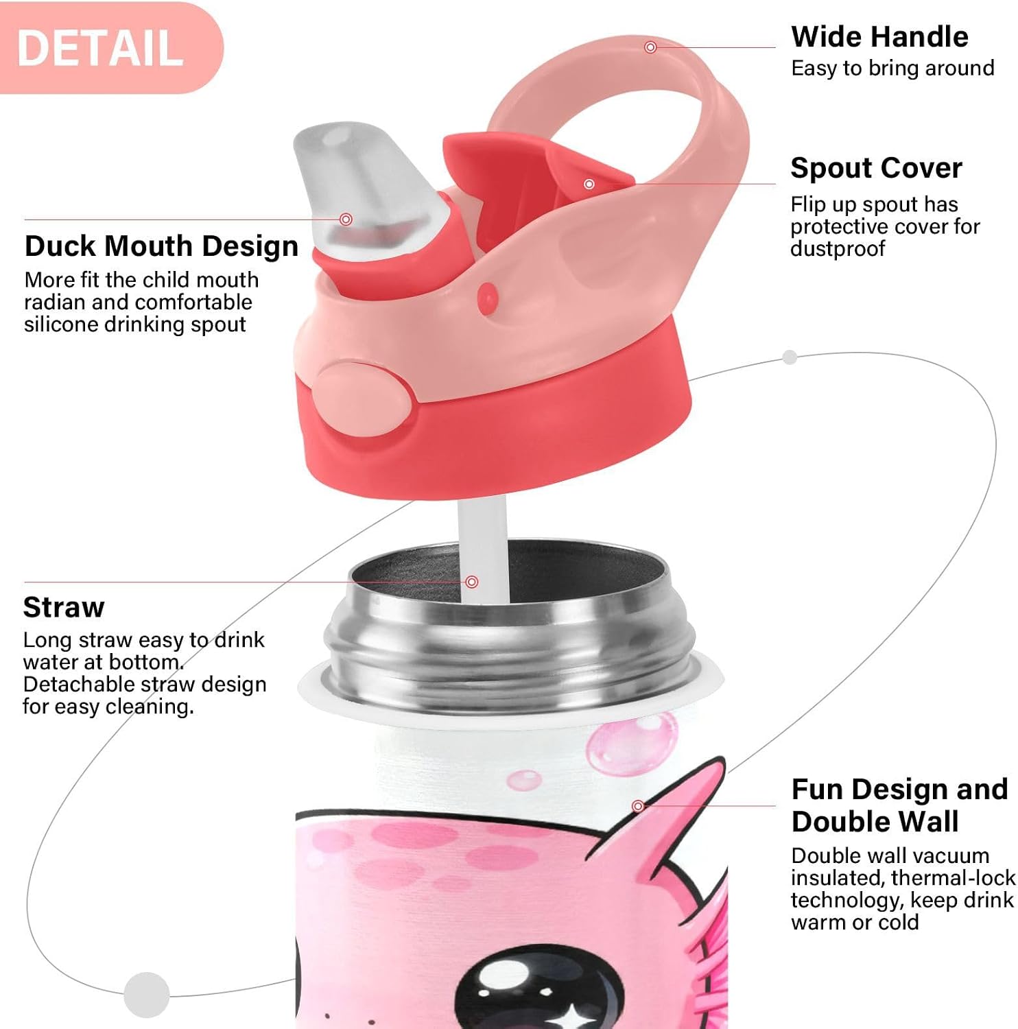 Axolotl Eat Fruits Cartoon Insulated Water Bottle with Straw Handle for Kids 12 OZ Cute Kawaii Stainless Steel Vacuum Insulated Cup for Hot and Cold Drinks Travel Tumbler for Toddler Girls image 3