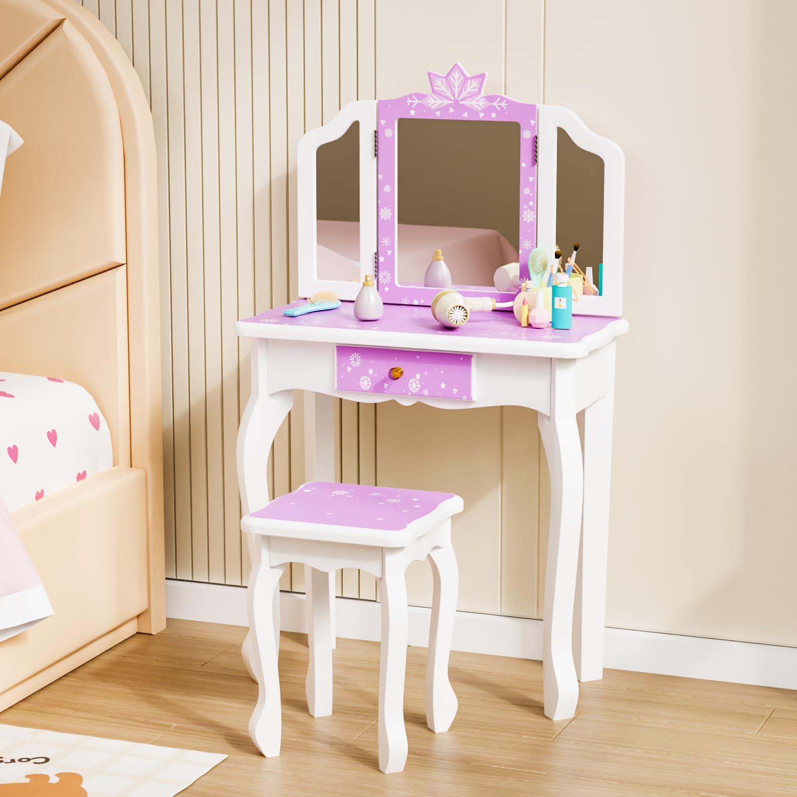 Bonnlo Ensemble Coiffeuse Enfant Fille avec Miroir à Trois Volets, Bureau 2 en 1 Idéal pour Chambre d'enfant, Dimensions 60 x 30 x 98 cm (Violet)