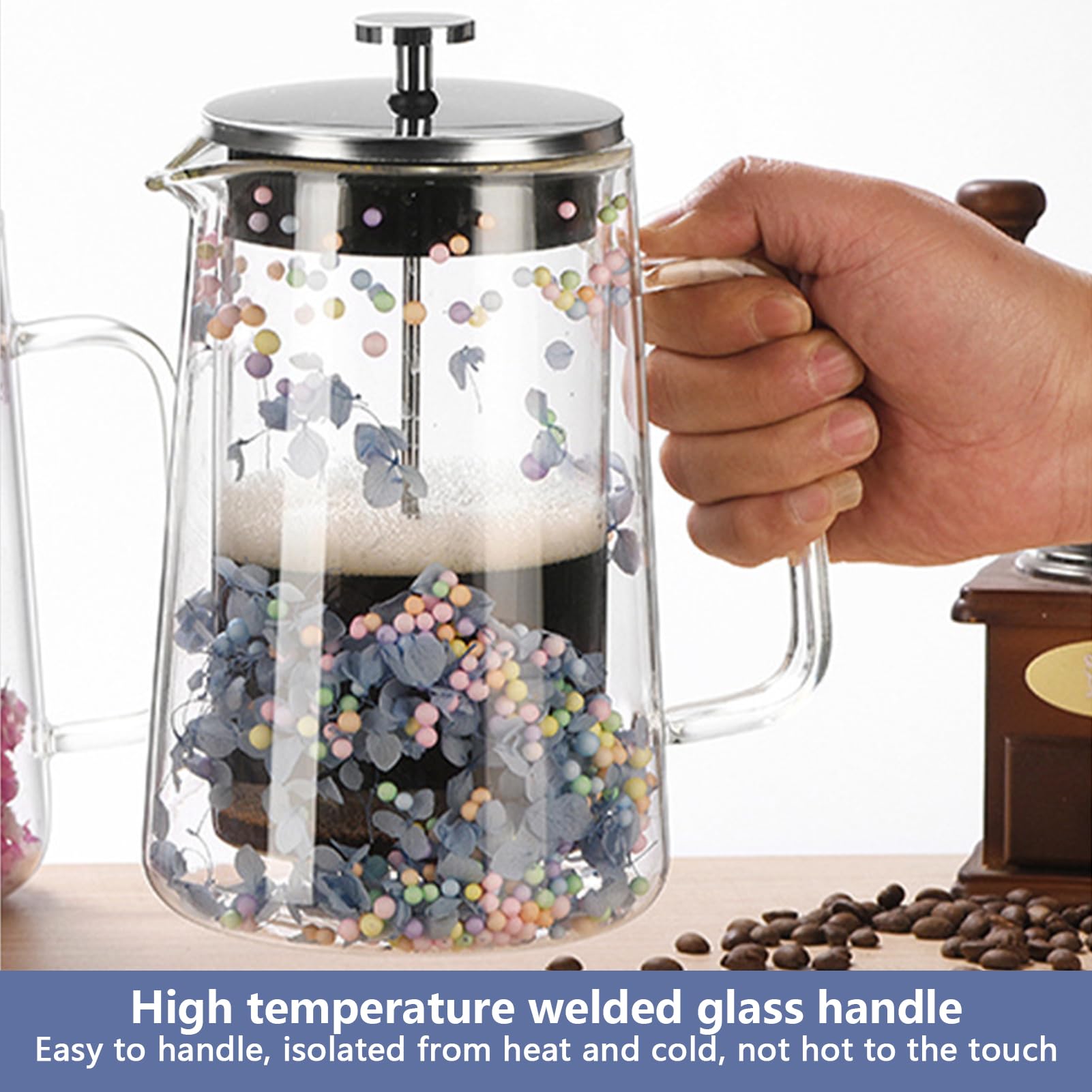 1L Français Presse Café En Verre Avec Décoration De Fleurs Séchées, French Press Cafetière À Piston En Verre Borosilicate Und Acier Inoxydable Pour Café Thé, Français Presse Café En Verre (C)