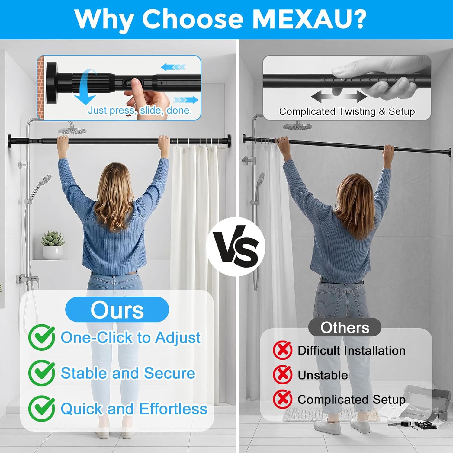 MEXAU 2 Pack Black Tension Curtain Rods for Windows 41-126 Inch Heavy Duty Tension Rod Adjustable Curtain Rods No Drilling for Bathroom Living Room Outdoor Patio Hold Up Blackout Curtains and Non Slip 41-126in-2 Pack Black