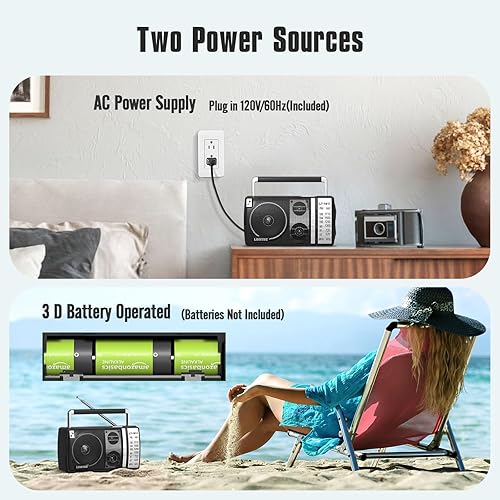 Miniatura 10 de LEOTEC Radio AM FM, radio Bluetooth portátil, enchufe de pared o funciona con pilas, la mejor recepción con conector para auriculares, de mano,