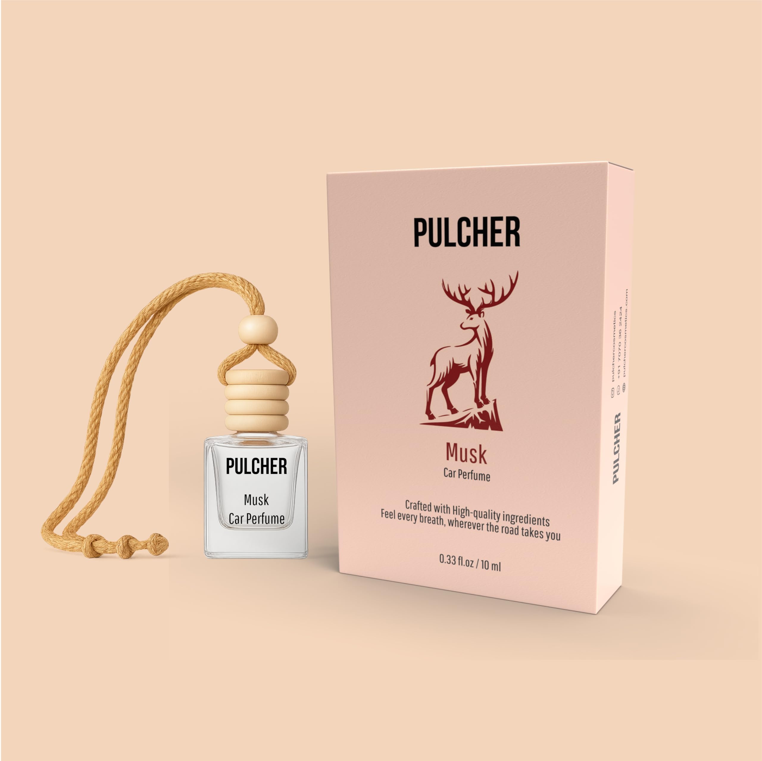 PULCHER Hanging Car Perfume Pod | Musk Essential Oil Car Freshener | Long-Lasting Natural Car Fragrance with Wooden Diff