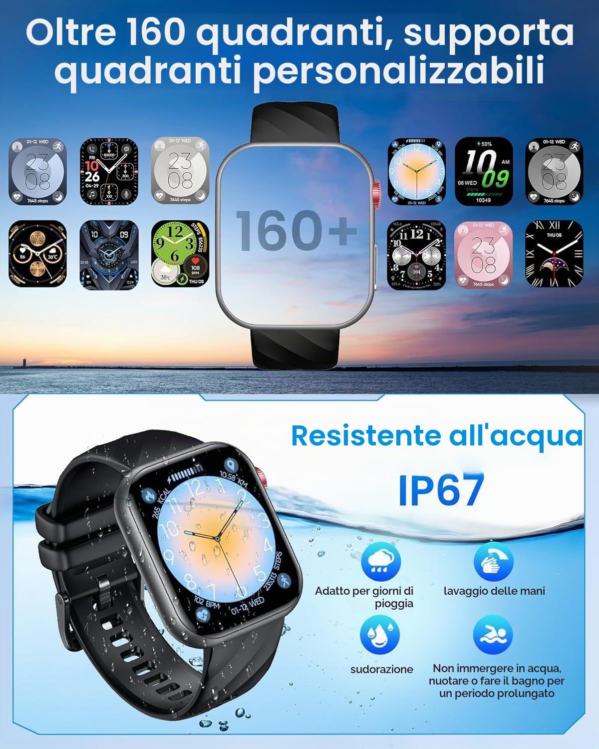 Orologio Smartwatch Uomo ECG con Chiamate: 1.97"AMOLED Orologio Contapassi con PPG HRV BMI Temperatura Corporea Pression Sanguigna WhatsApp Notifice Sonno Monitor Fitness Watch Android iOS Compatibile