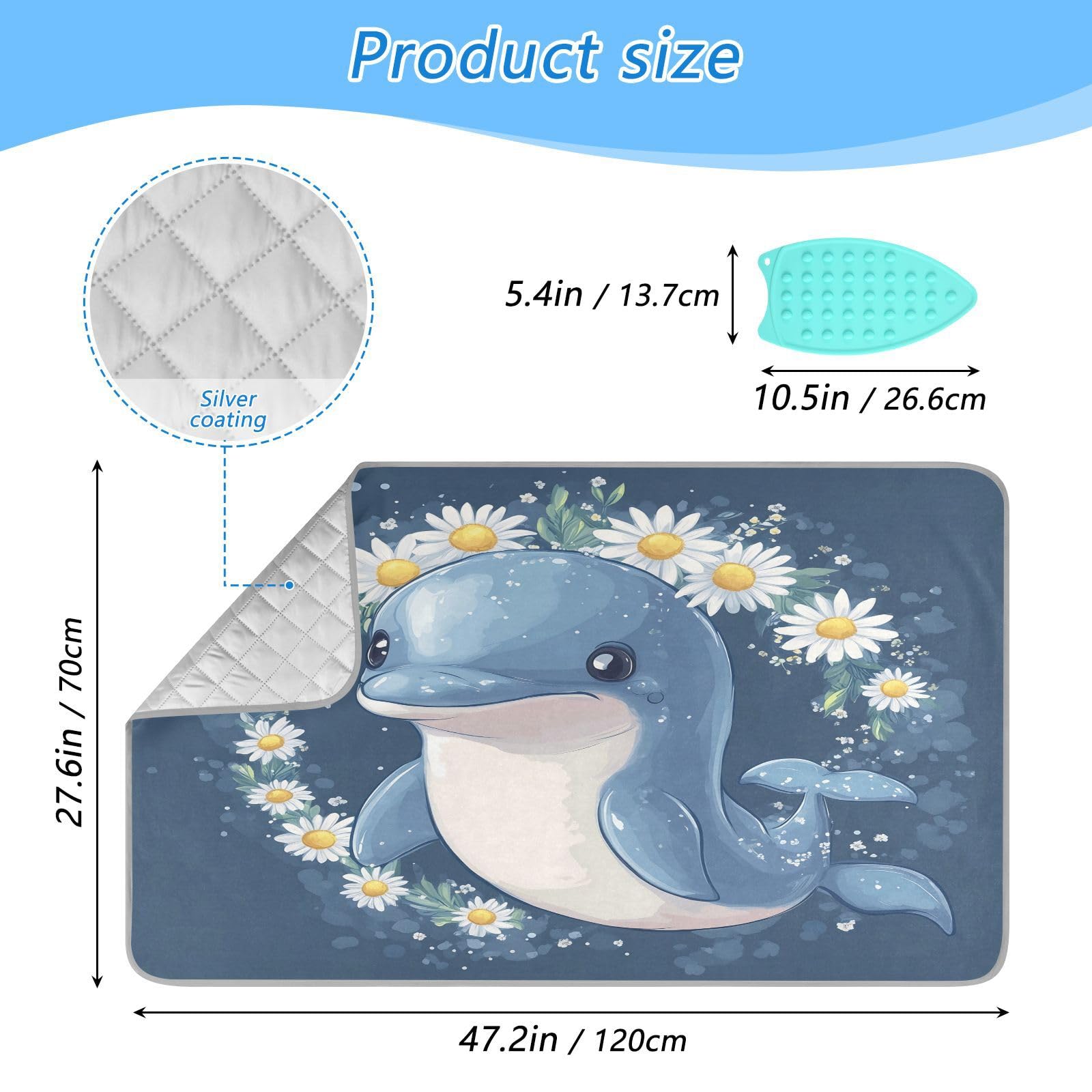 pnyoin Portable Ironing Mat Blue Dolphin with Daisies Travel Ironing Pad with Silicone Iron Rest for Steam Pressing on Tabletop or Bed Heat Resistant Portable Quilting & Travel Blanket