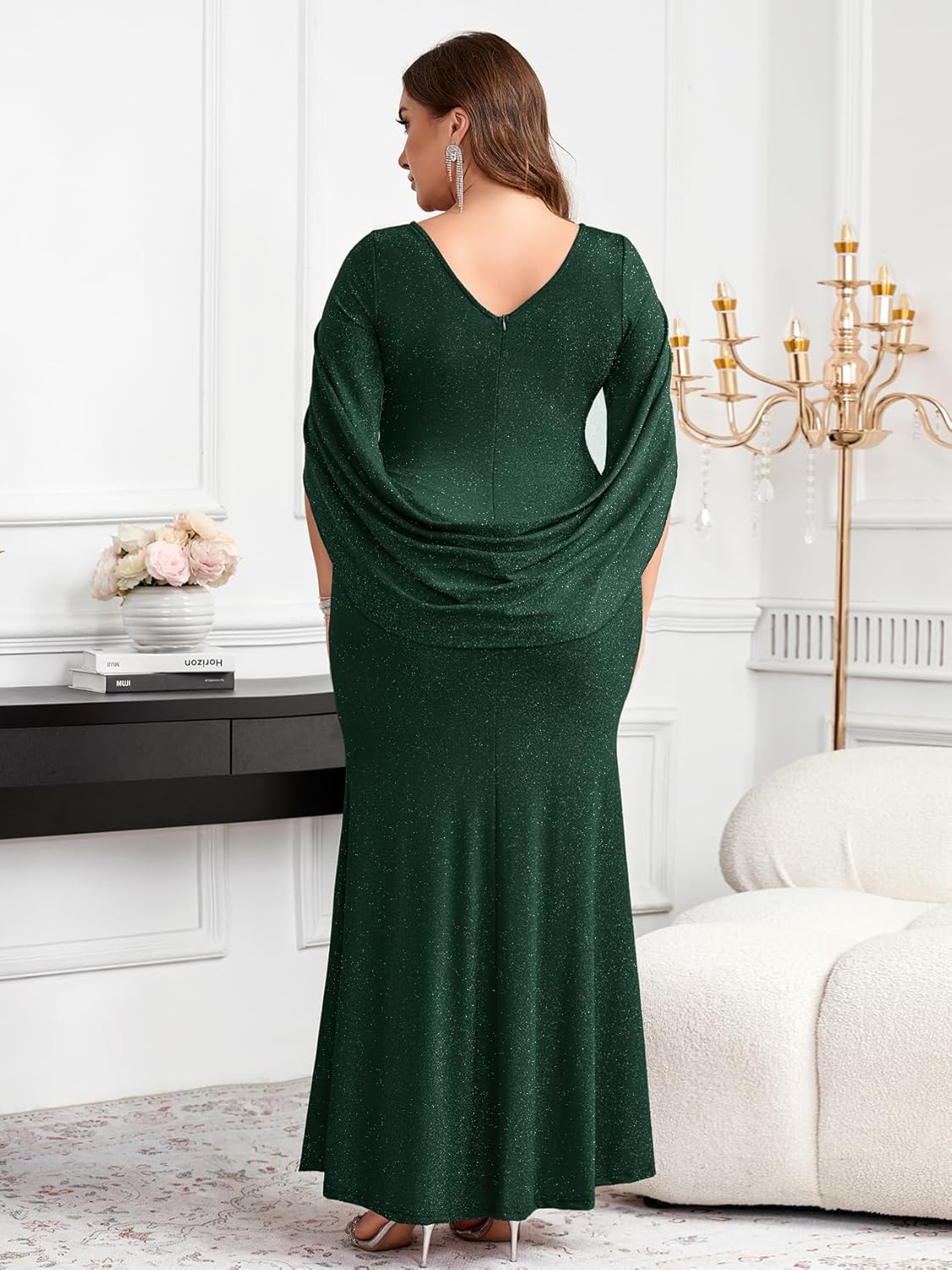 ZOMVA Plus Size Sparkly Glitter Mermaid Maxi Dress Sparkle Sequin Cape Sleeves Ruched Bodycon Dresses Cocktail Formal