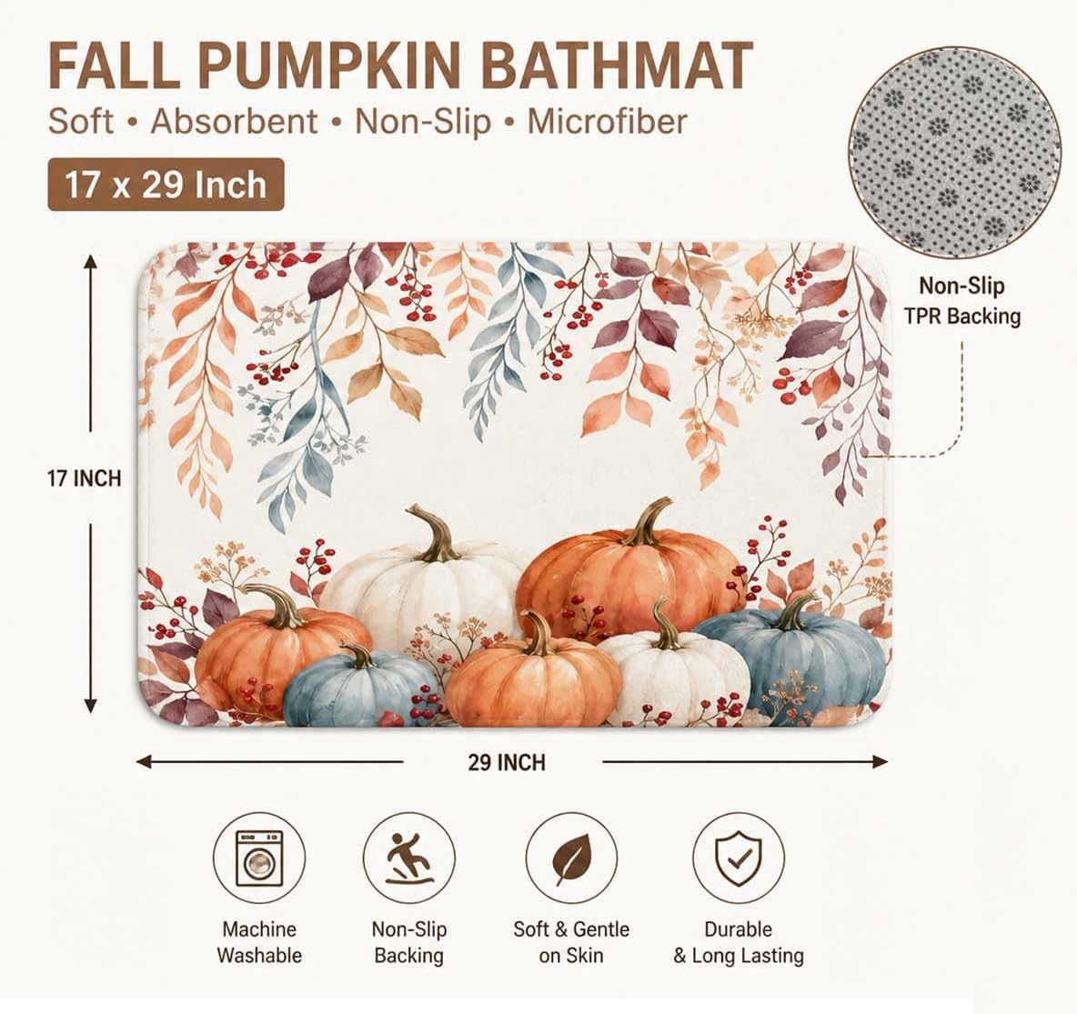Fall Pumpkin Bath Mat Autumn Leaves Rug Harvest Thanksgiving Bathroom Rugs Home Decor Soft Absorbent Non Slip Microfiber Bath Mats 17 x 29 Inch