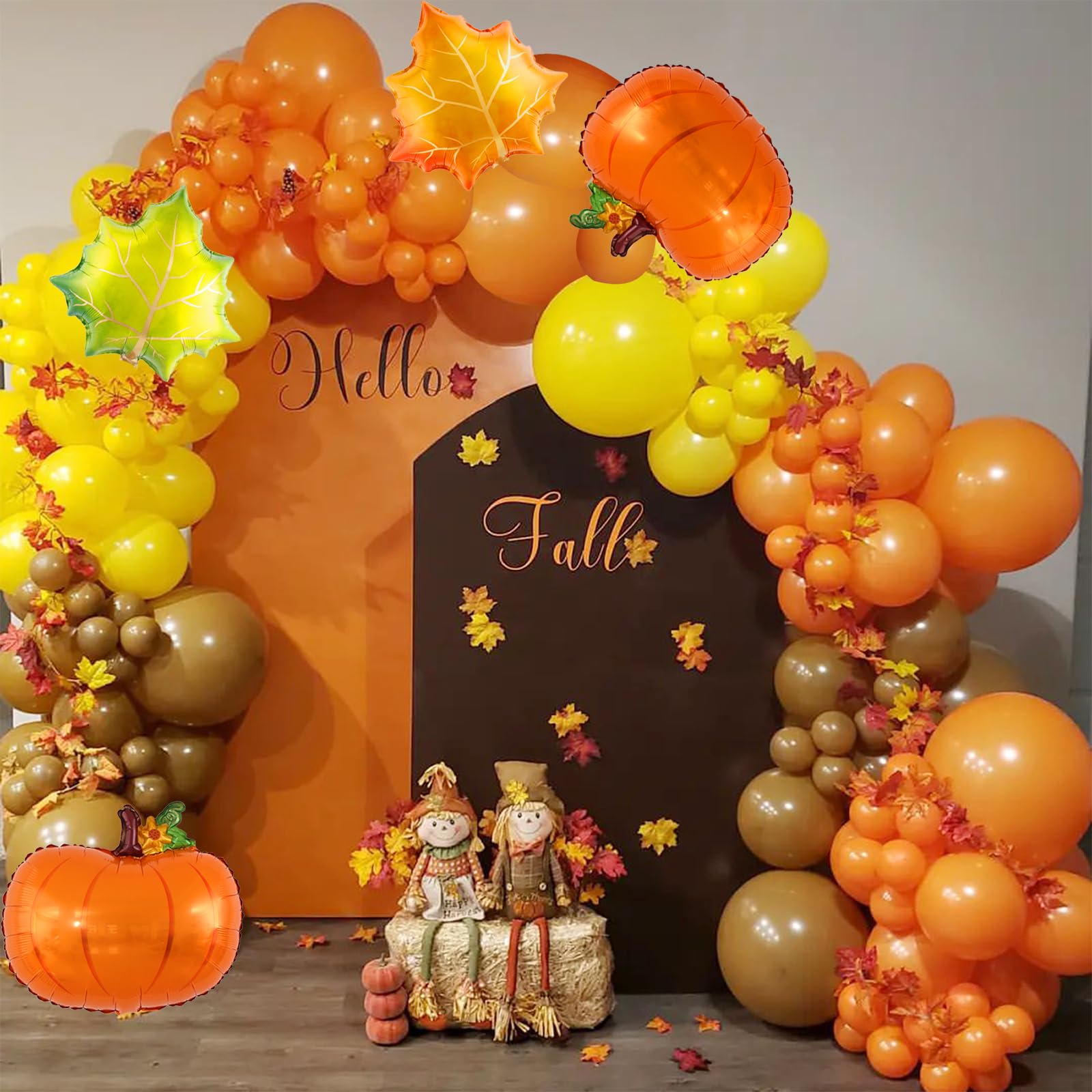 Fall Pumpkin Balloon Arch Photography Backdrop, Pumpkins, Leaves, Garland, Autumn, Thanksgiving, Harvest, Seasons