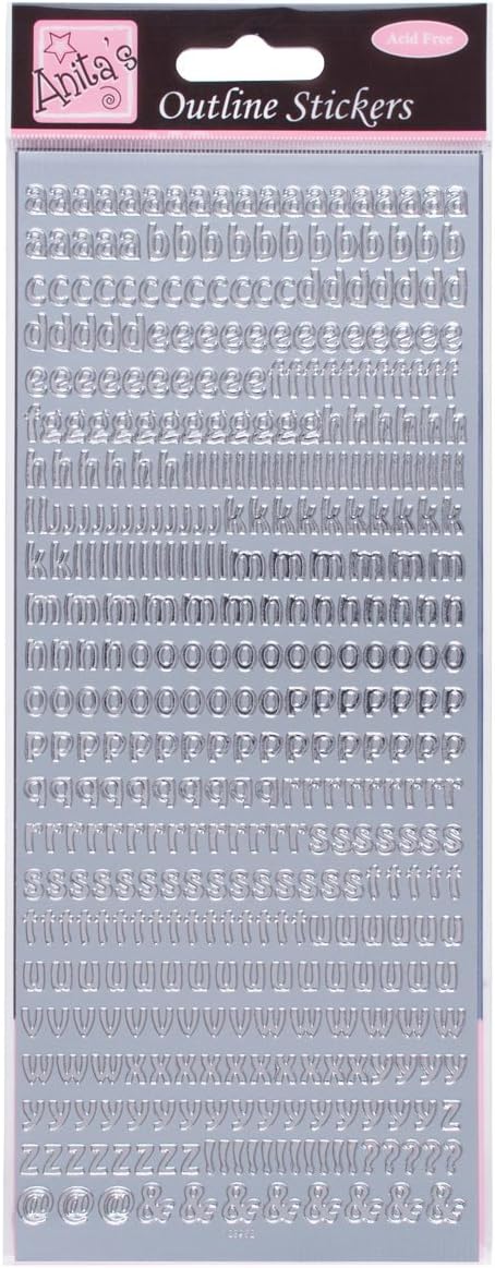 Anitas Outline Stickers, Small Letters, Silver, for Scrapbooking, Card Making, Kids Play, Homework, Art, Craft, Embelish, Decorative, Paper, Card, Glass, Metal, Plastic, Foam