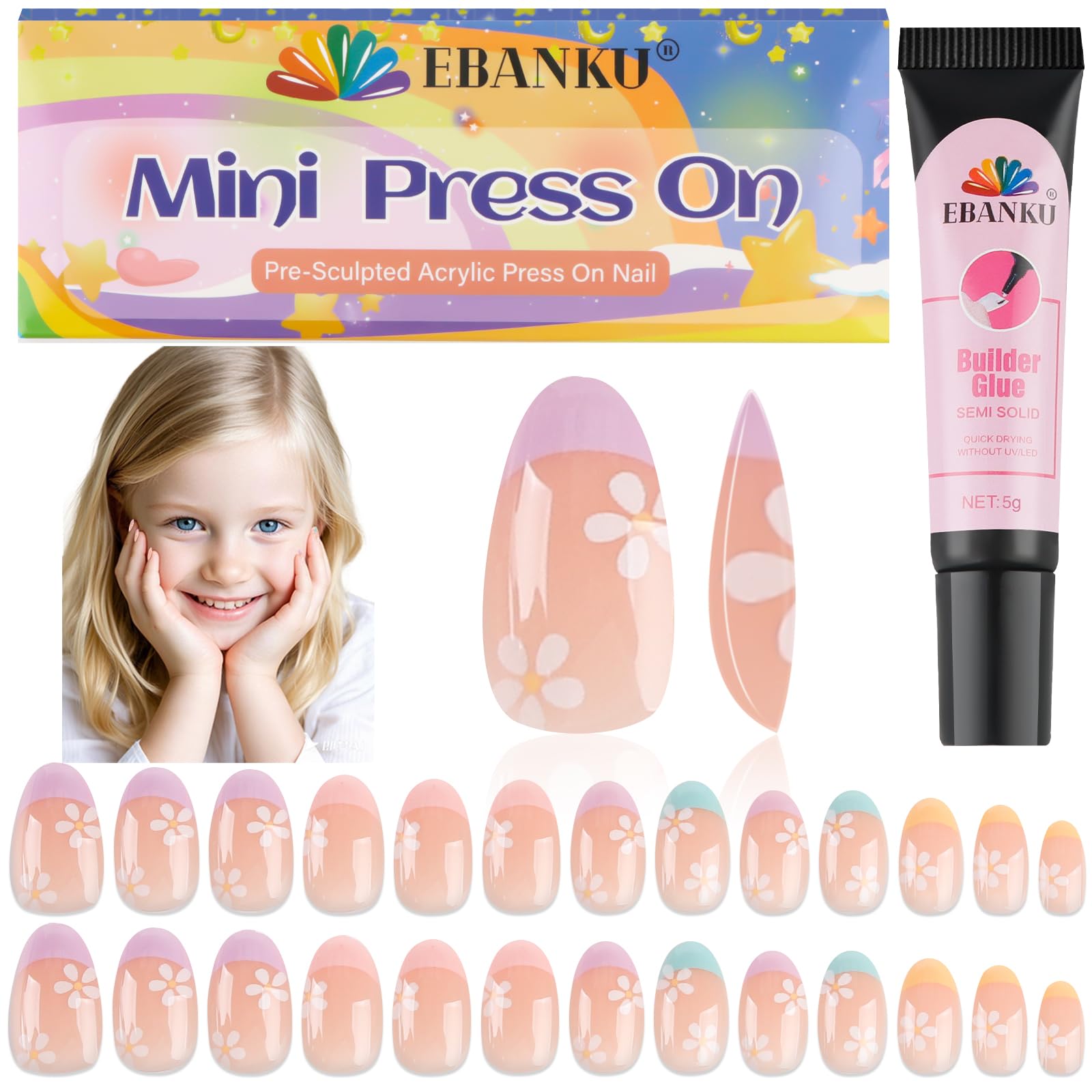 26 Pieces Press on Nails for Kids, EBANKU 1 Pack Kid Fake Nail Pink Flower Press on Nails for Girls 5-12 Years with Nail Glue