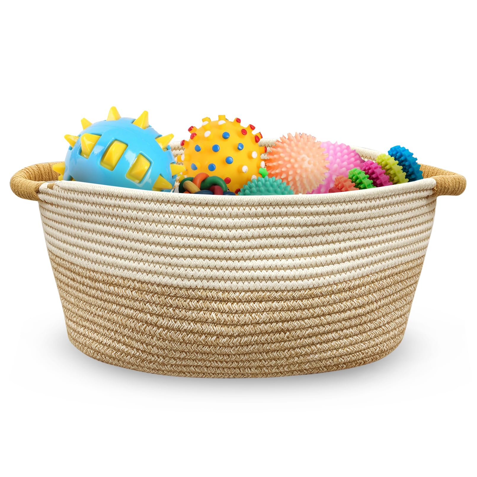 Fhiny Cotton Rope Dog Toy Basket, Puppy Toys Storage Bin with Handle Woven Rectangle Diapers Large Pet Kitty Bed Perfect for Carry Pet Blankets Chew Toys Leashes Doggie Stuff Khaki-M