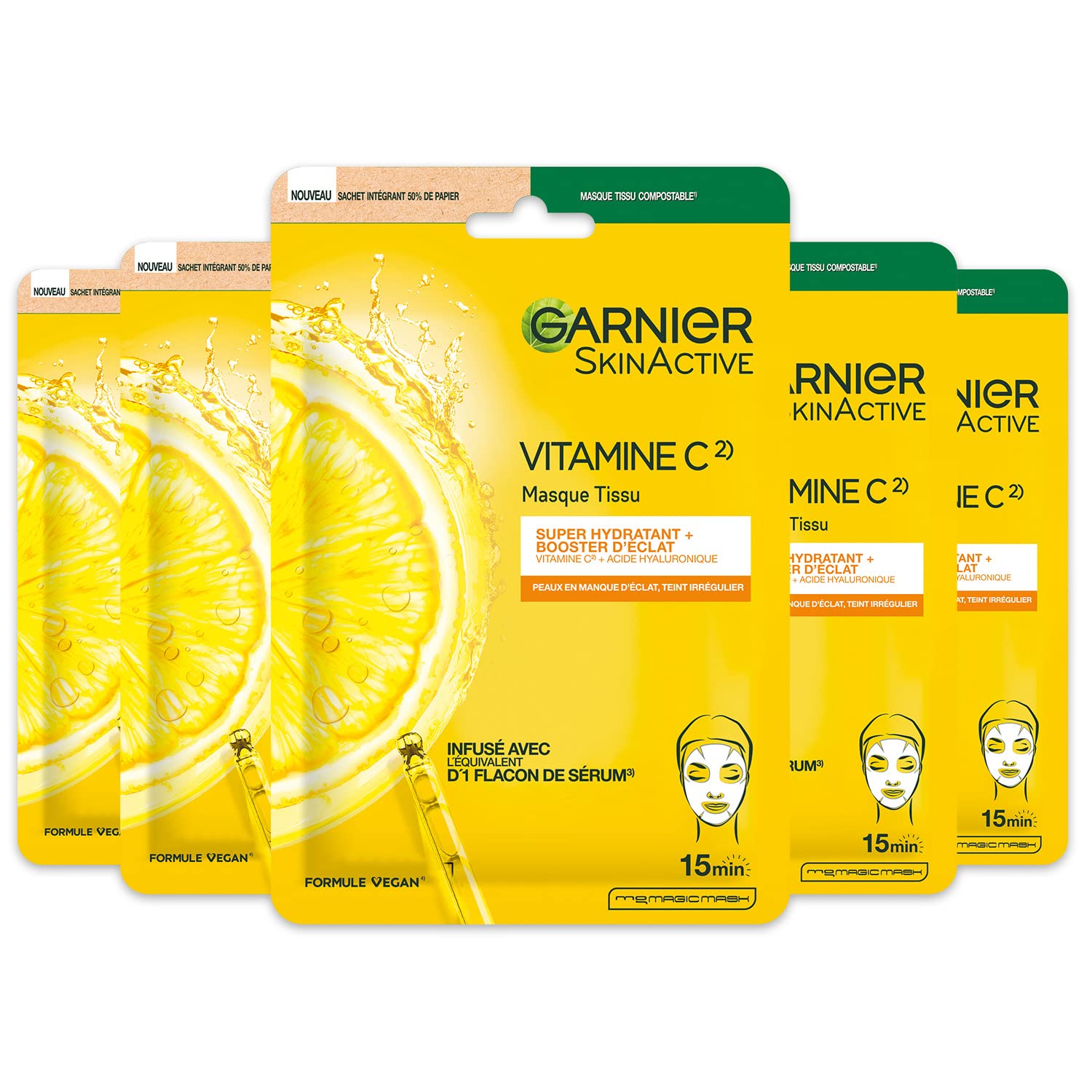 GARNIER Skin Active – Set mit 5 Stoffmasken für Glanz – hellt, spendet Feuchtigkeit & polstert die Haut – Vitamin C und Hyaluronsäure – Vegan & Cruelty Free – dunkle Haut – 5 Stück