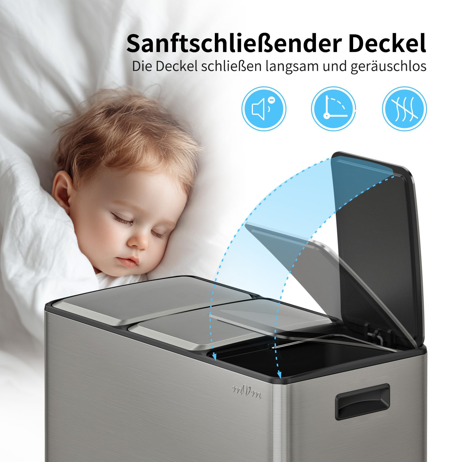mVm Mülleimer Küche,45 Liter Treteimer,3 x 15 Liter Treteimer, 3 Fächer, Mülltrennsystem, Abfalleimer Küche mit Inneneimer aus Kunststoff,Metall,Klappdeckel, Softclose, Luftdicht