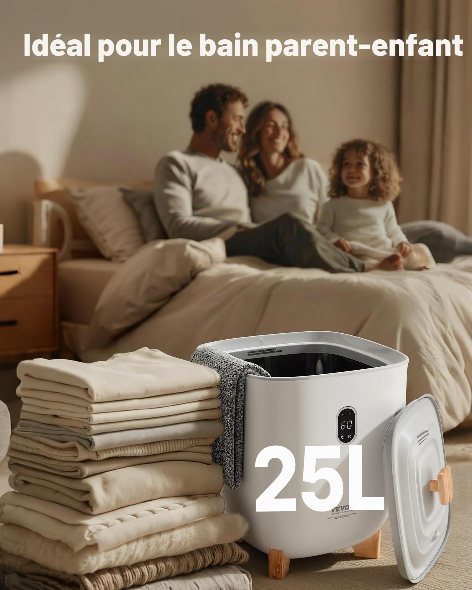 VEVOR Chauffe Serviettes 25 L, Seau Sèche-Serviettes pour Salle de Bain, avec Écran LED, Réglage de la Température et Minuterie 20/40/60/90 Min, pour Couvertures Peignoirs, Spa Massage, Gris