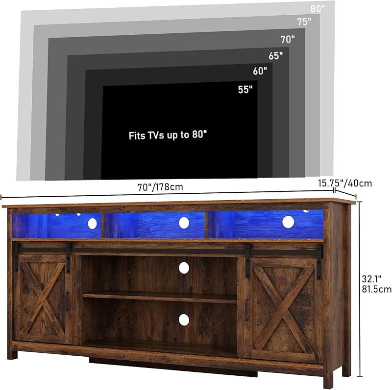 70" LED Farmhouse TV Stand for 80/75/70 Inch TVs,Tall Entertainment Center Storage Cabinets w/Power Outlets and Sliding Barn Door,Rustic TV Stands for Living Room,Media Console Cabinet (Brown) image 2