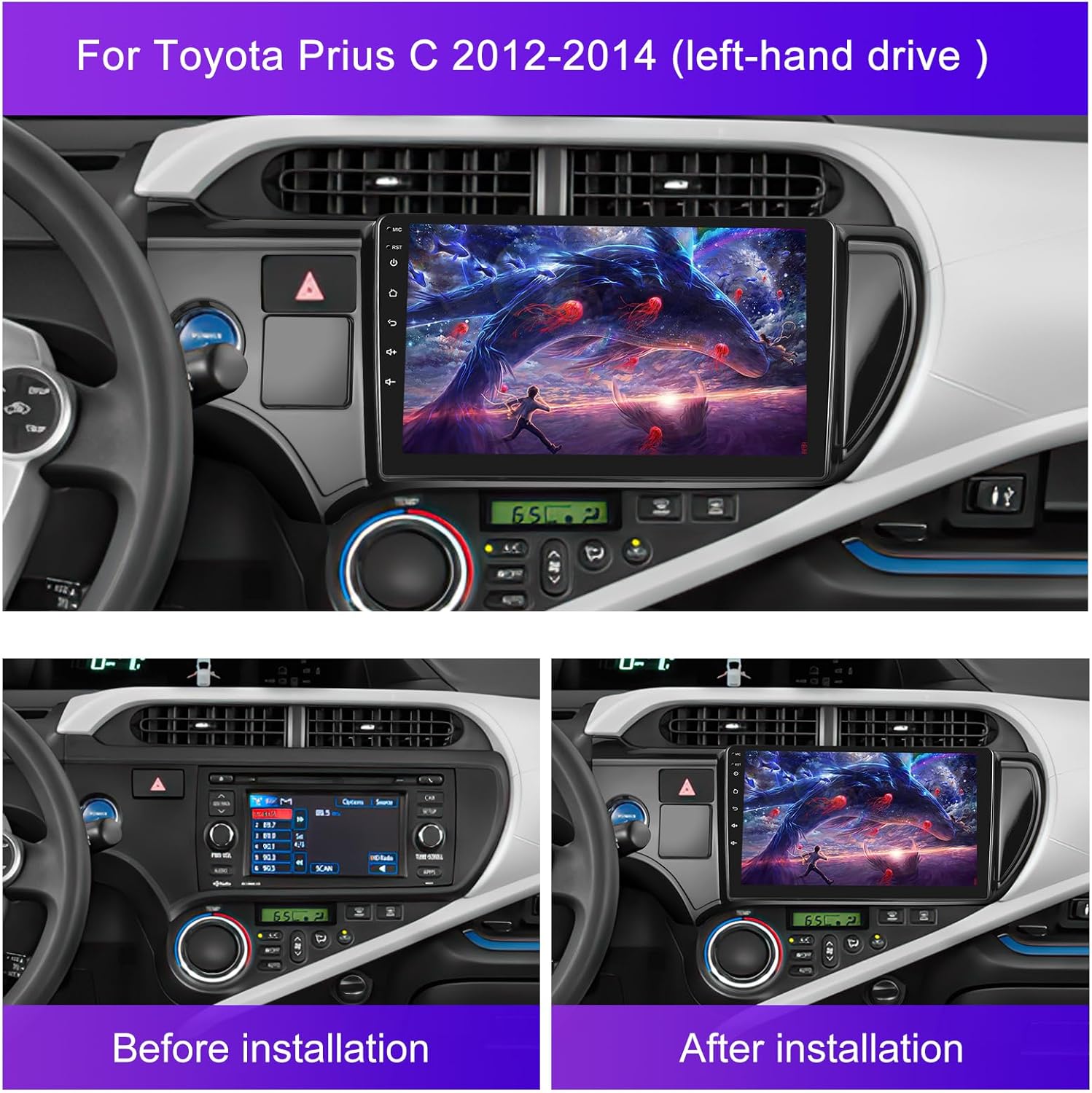 [8 Core 4+64GB] Android 15 Car Radio for Toyota Prius C 2012-2014 with Wireless Carplay Android Auto, 9" HD Touchscreen Car Stereo with GPS WiFi Bluetooth 32EQ DSP FM/RDS SWC Backup Camera MIC