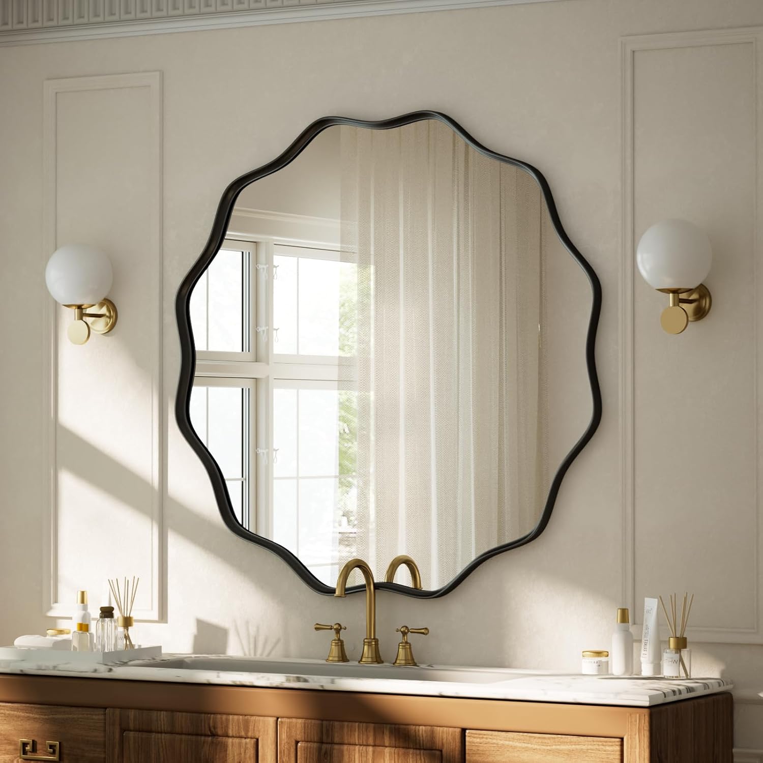 voobang black scalloped circle mirror, 24" wavy edge round wall mirror with tempered glass textured circular metal deep frame, hanging leaning for bathroom, hallway, entryway, livng room black 24"l x 24"w