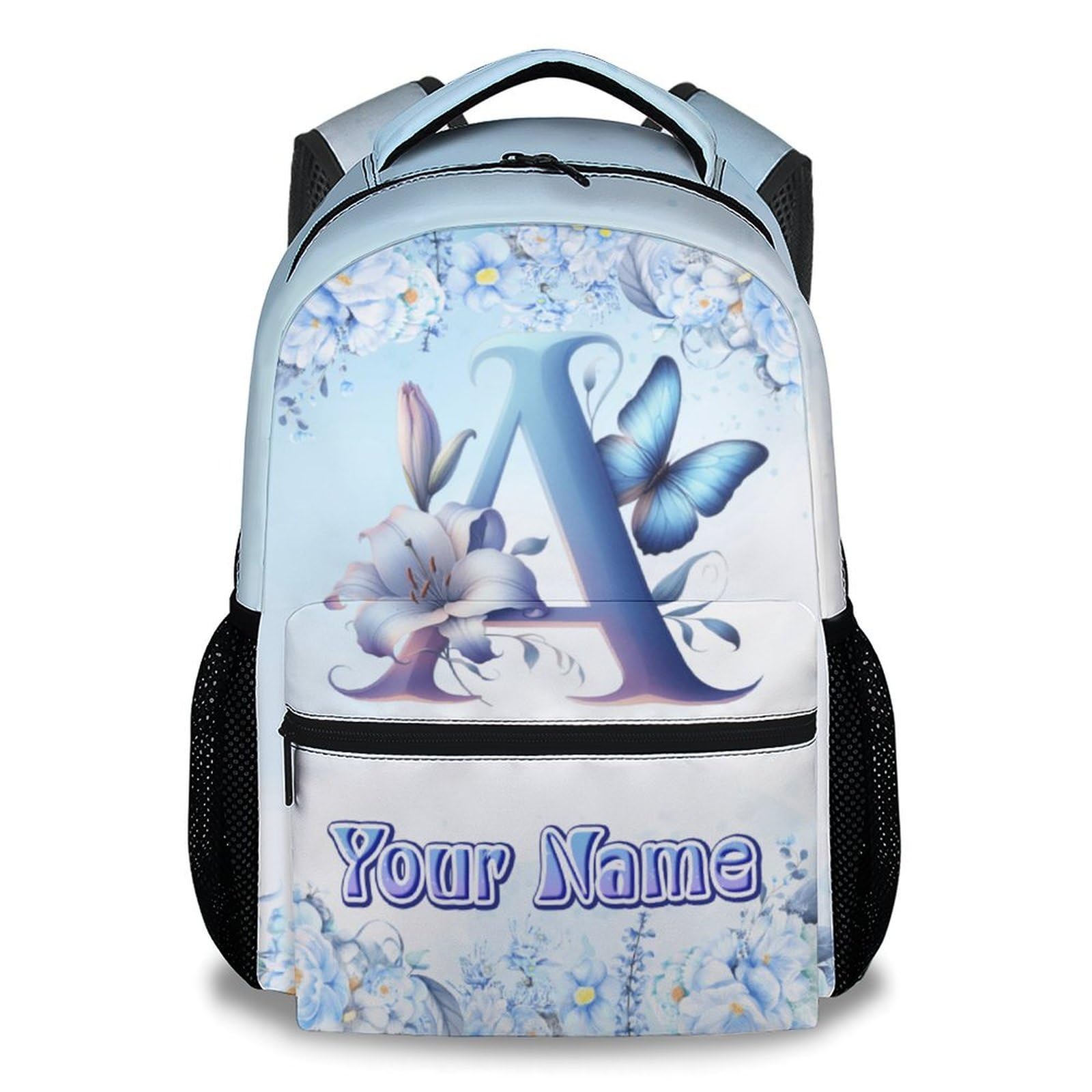 CUSPCOD Backpack for Girls, Personalized Backpacks for Kids Women, Butterfly Bookbags Initial School Bag, 17 Inch Blue Monogram Bookbag for Primary