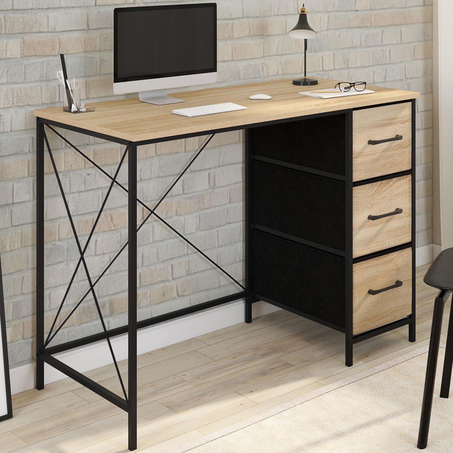 IDMarket - Bureau 3 tiroirs en Tissu Utah Bois et Noir Design Industriel