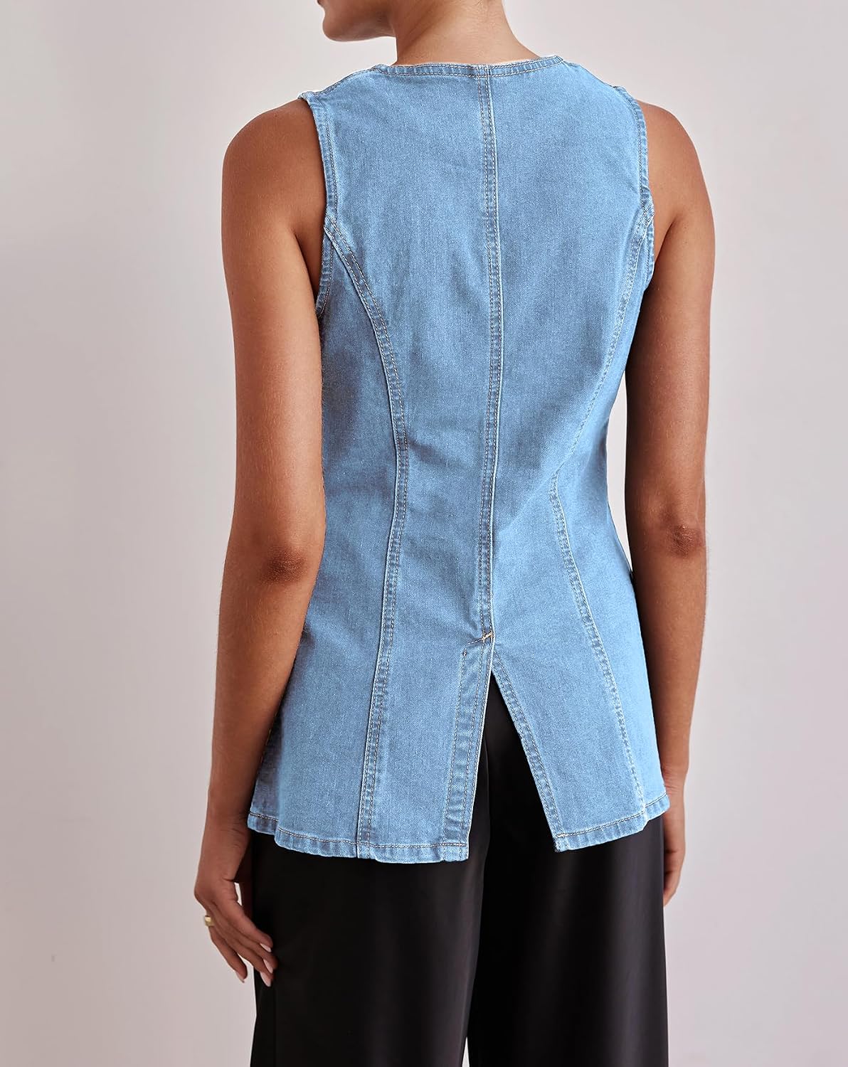 EZAPINE Women’s Long Denim Vest Waistcoat Vest Sleeveless Button-Up Back Slit Jean Jacket Vest Y2k Clothes