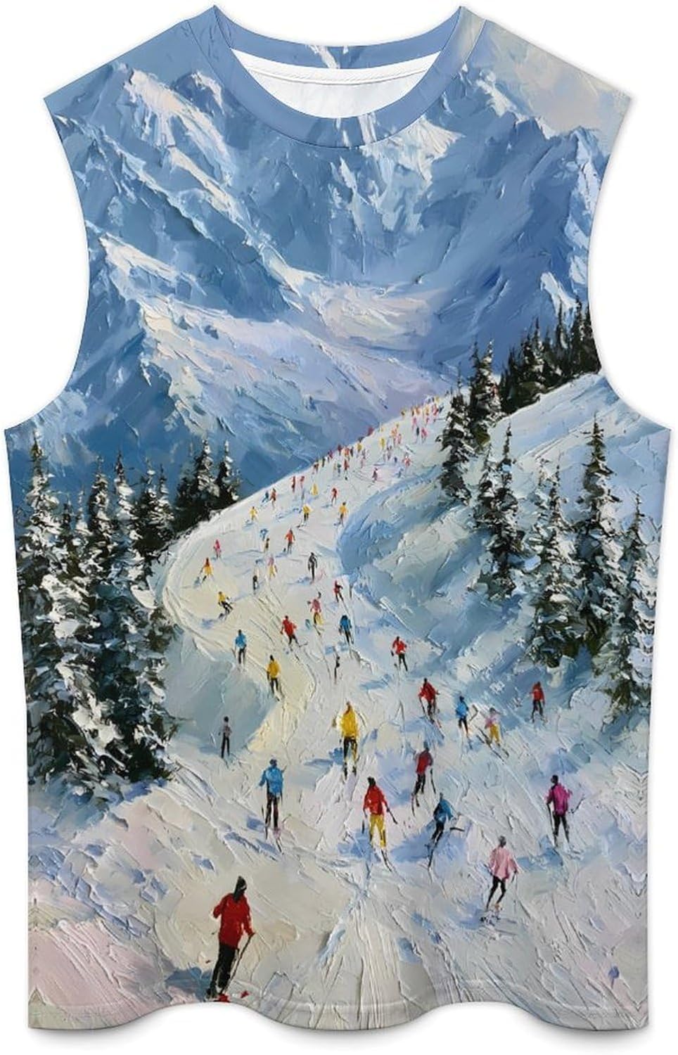 Alpine Mountain Skiing Scene Men Summer Sleeveless Crew Neck Top 5XL